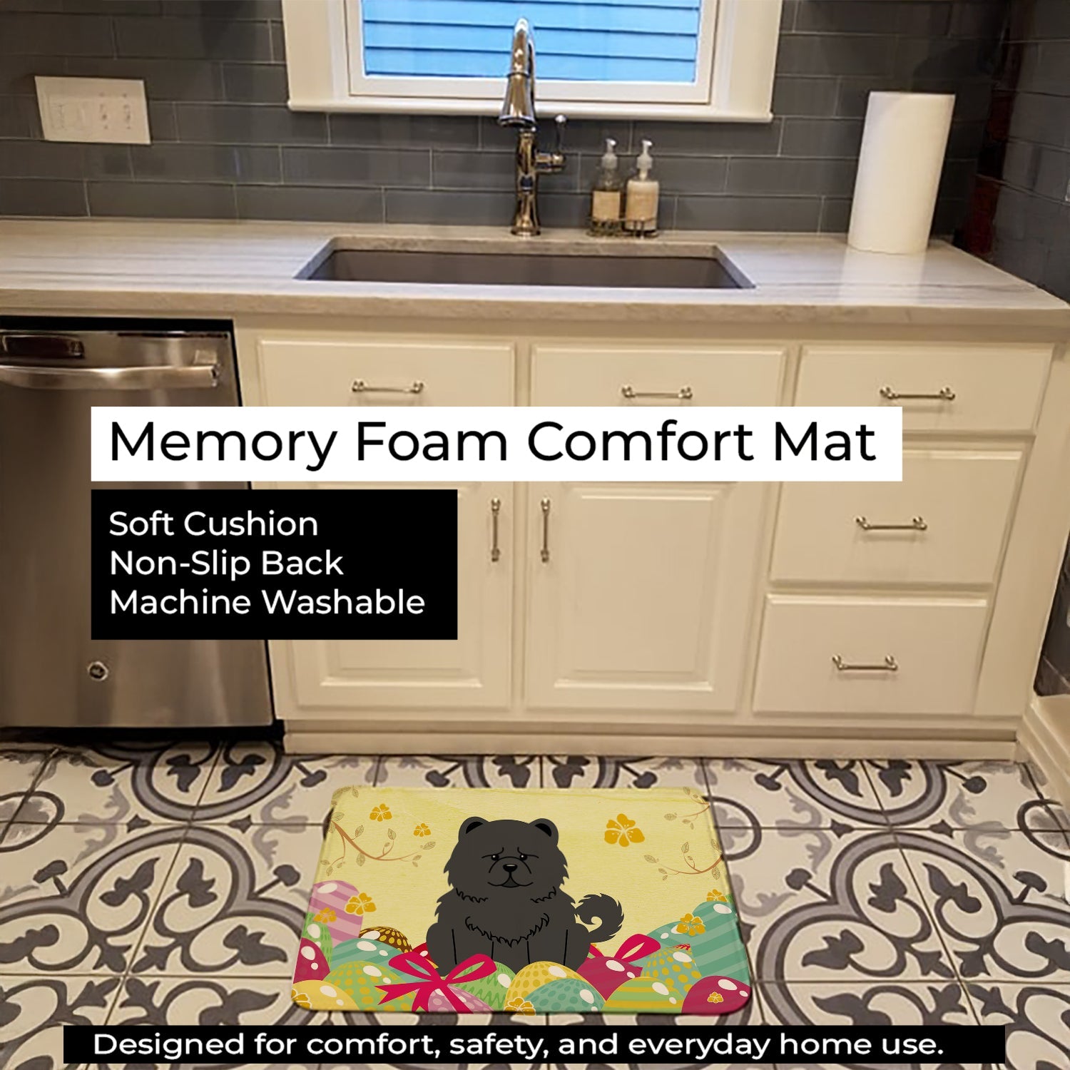 Easter Eggs Chow Chow Black Memory Foam Kitchen Mat Machine Washable Anti-Fatigue Cushion Comfort Bath or Kitchen Rug