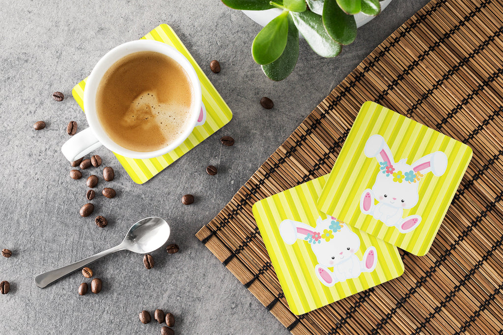 Easter White Rabbit with Flowers Foam Coasters Set of 4 Cup Coasters for Indoor Outdoor, Tabletop Protection, Anti Slip, Mouse pad Material