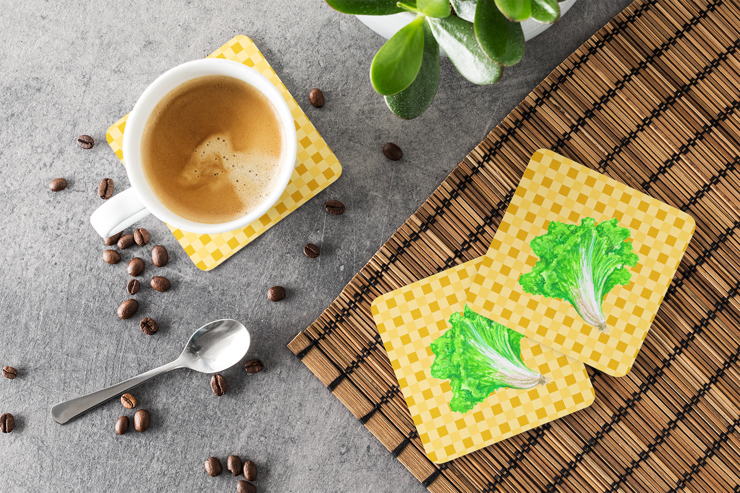 Lettuce on Basketweave Foam Coasters Set of 4 Cup Coasters for Indoor Outdoor, Tabletop Protection, Anti Slip, Mouse pad Material