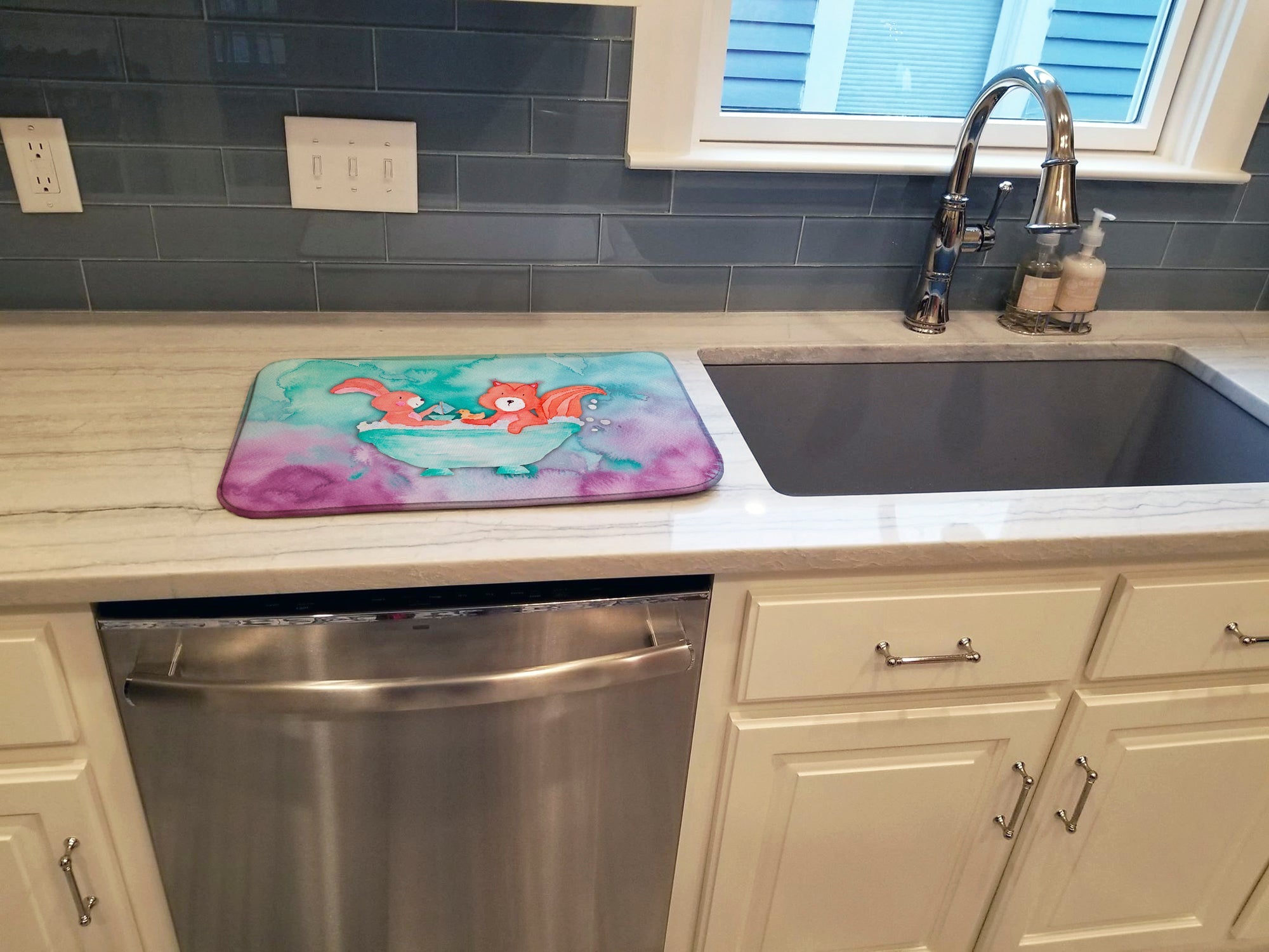 Rabbit and Squirrel Bathing Watercolor Dish Drying Mat Absorbent Dish Drying Mat Pad for Kitchen Counter Dish Drainer Mat for Countertop, 14 x 21", Multicolor