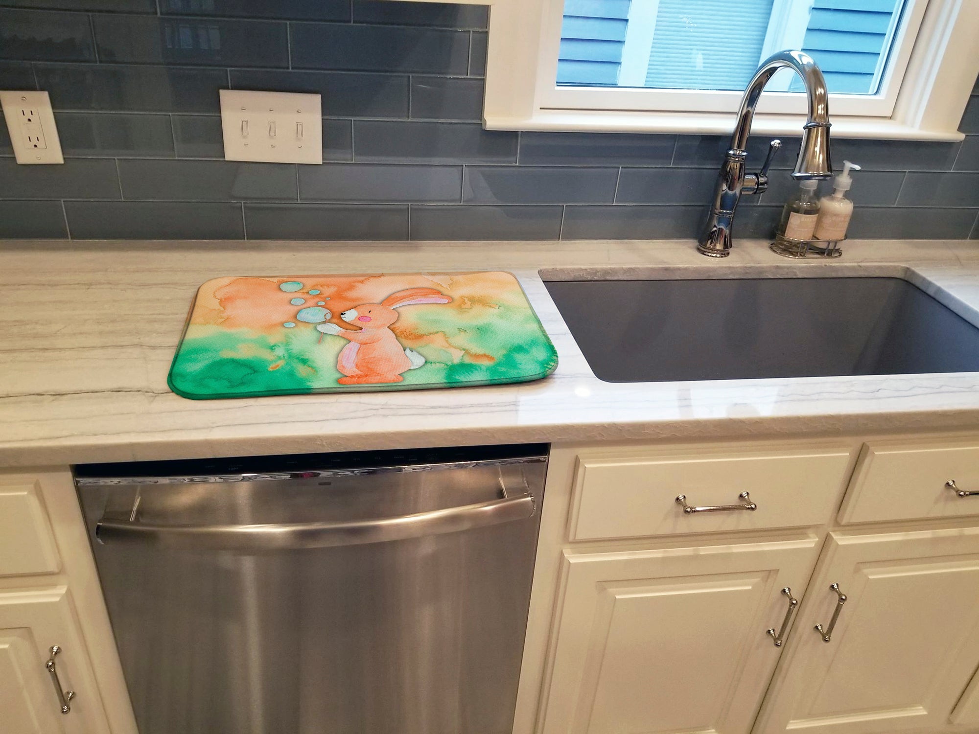 Rabbit and Bubbles Watercolor Dish Drying Mat Absorbent Dish Drying Mat Pad for Kitchen Counter Dish Drainer Mat for Countertop, 14 x 21", Multicolor