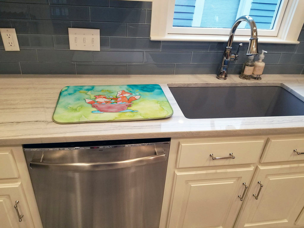 Foxes Bathing Watercolor Dish Drying Mat Absorbent Dish Drying Mat Pad for Kitchen Counter Dish Drainer Mat for Countertop, 14 x 21", Multicolor