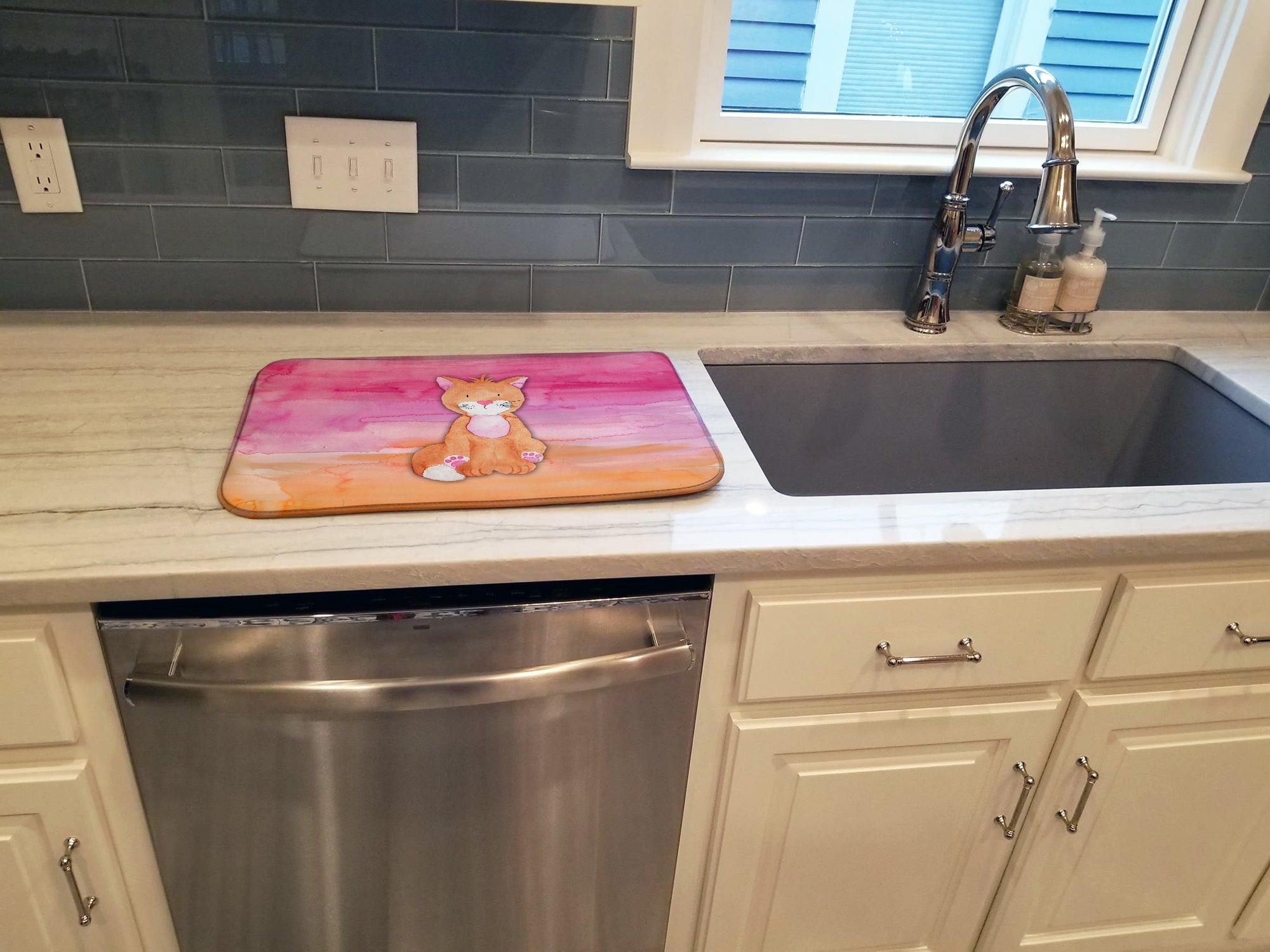 Orange Cat Watercolor Dish Drying Mat Absorbent Dish Drying Mat Pad for Kitchen Counter Dish Drainer Mat for Countertop, 14 x 21", Multicolor
