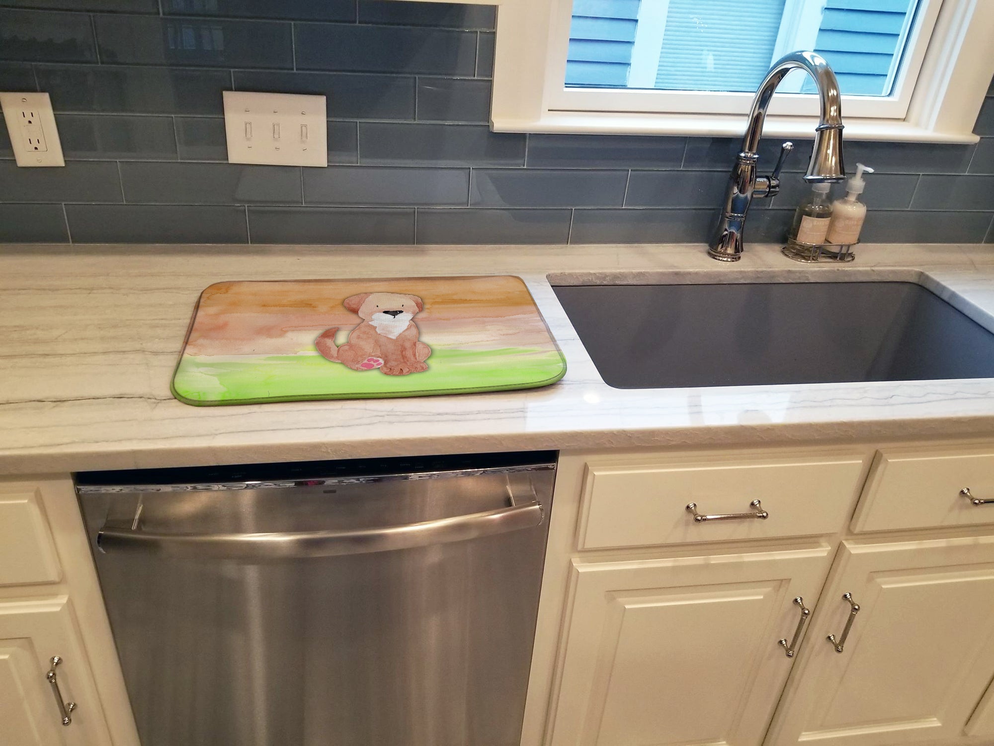 Dog Green and Brown Watercolor Dish Drying Mat Absorbent Dish Drying Mat Pad for Kitchen Counter Dish Drainer Mat for Countertop, 14 x 21", Multicolor
