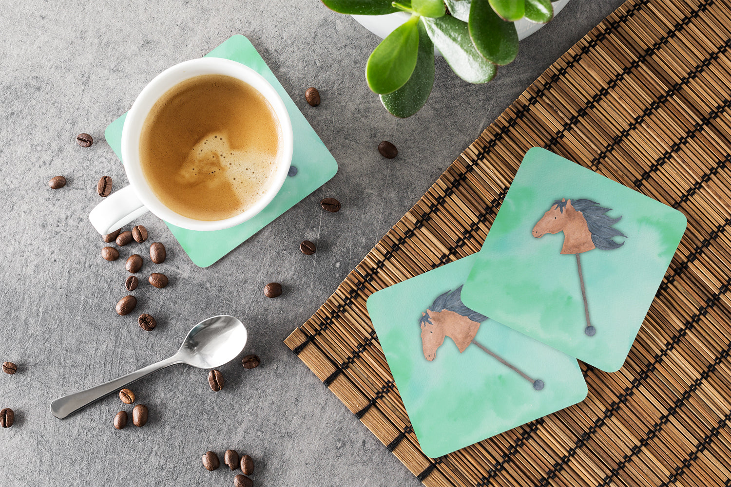 Stick Horse Watercolor Foam Coasters Set of 4 Cup Coasters for Indoor Outdoor, Tabletop Protection, Anti Slip, Mouse pad Material