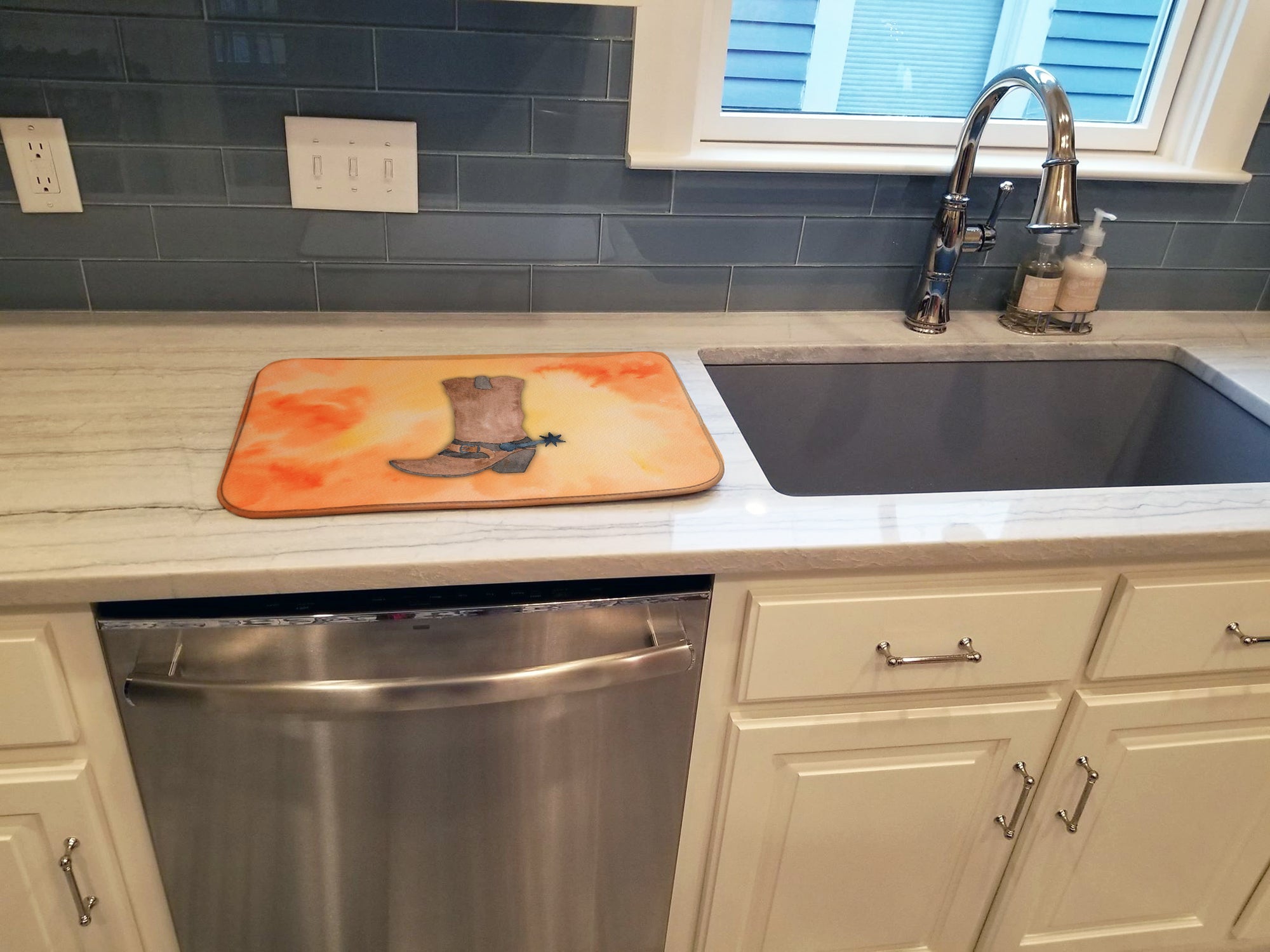 Cowboy Boot Watercolor Dish Drying Mat Absorbent Dish Drying Mat Pad for Kitchen Counter Dish Drainer Mat for Countertop, 14 x 21", Multicolor