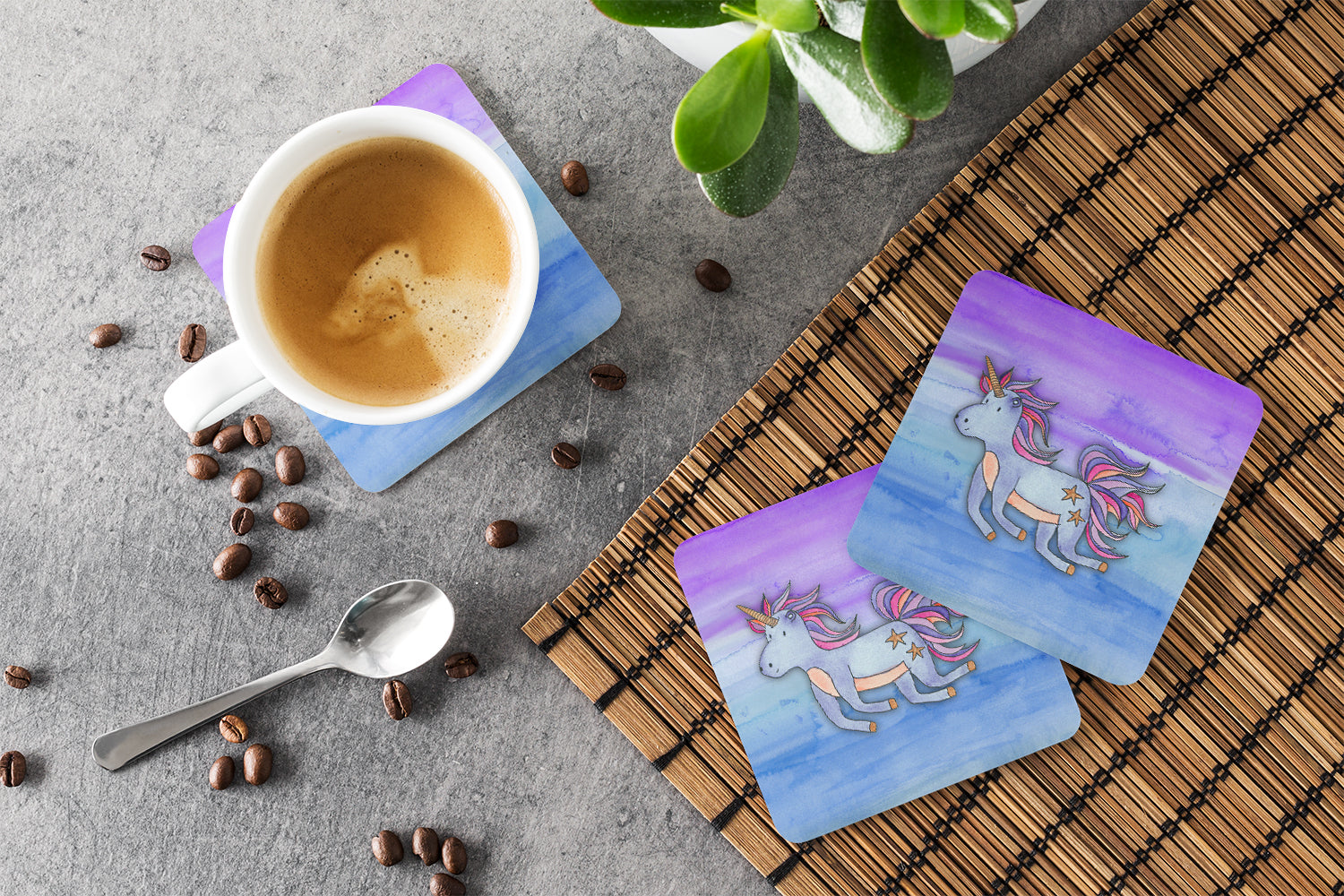 Blue Unicorn Watercolor Foam Coasters Set of 4 Cup Coasters for Indoor Outdoor, Tabletop Protection, Anti Slip, Mouse pad Material