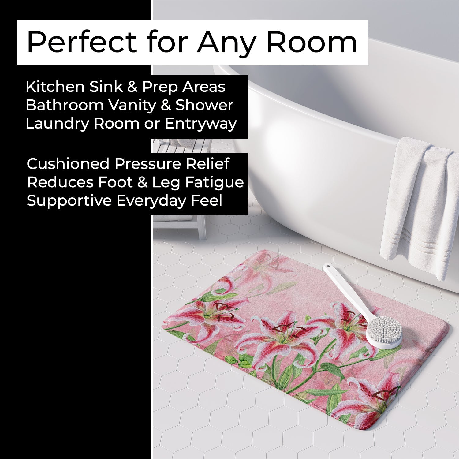 Pink Lillies Memory Foam Kitchen Mat Machine Washable Anti-Fatigue Cushion Comfort Bath or Kitchen Rug