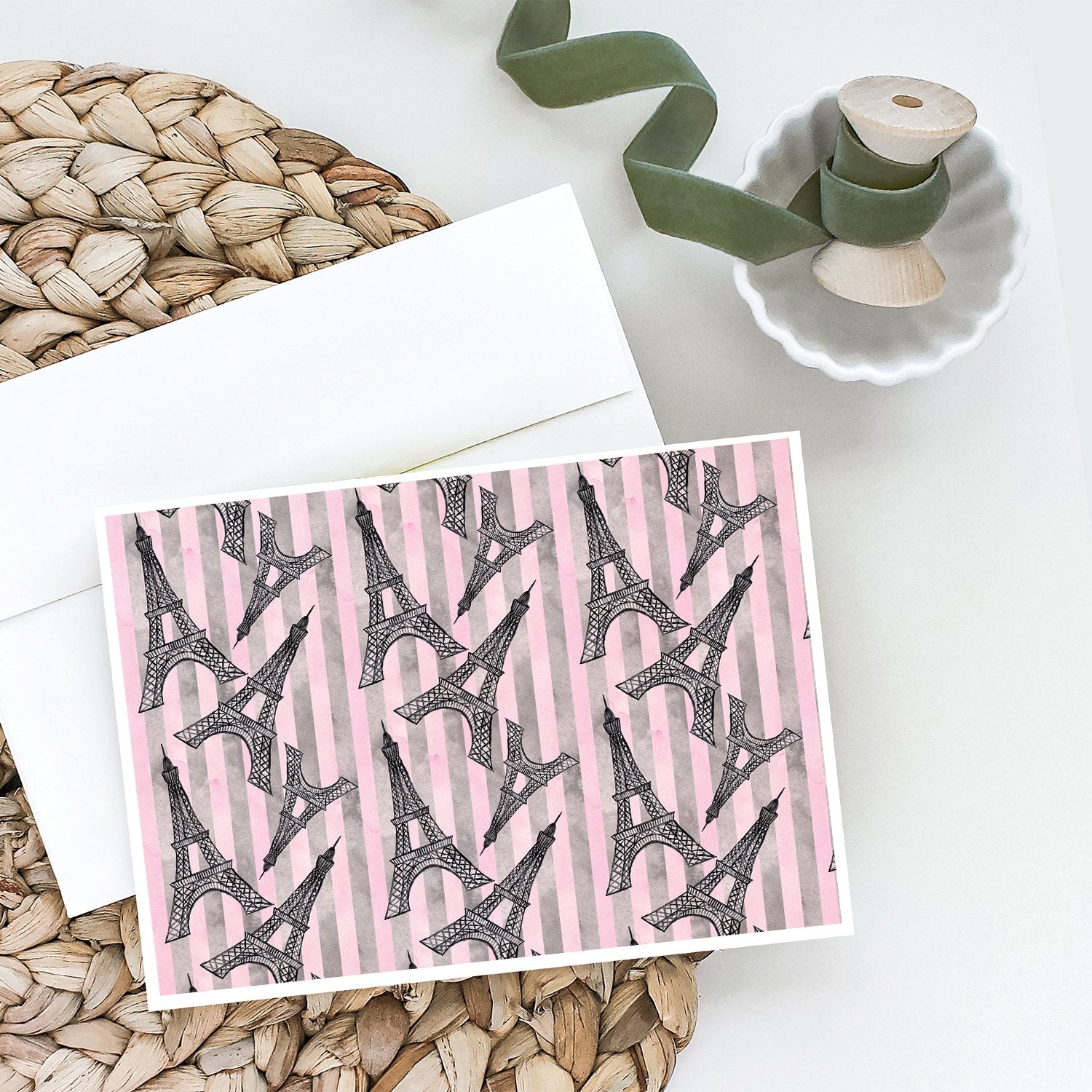 Watercolor Eiffel Tower and Stripes Greeting Cards Pack of 8 Blank Cards with Envelopes Whimsical A7 Size 5x7
