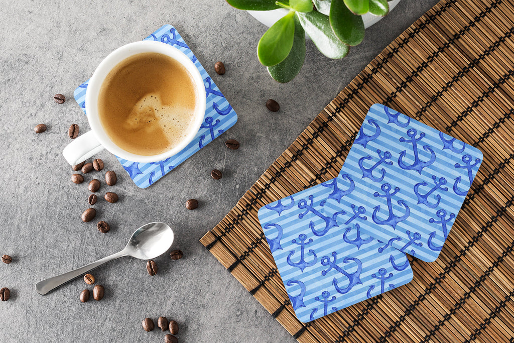 Beach Watercolor Anchors Foam Coasters Set of 4 Cup Coasters for Indoor Outdoor, Tabletop Protection, Anti Slip, Mouse pad Material