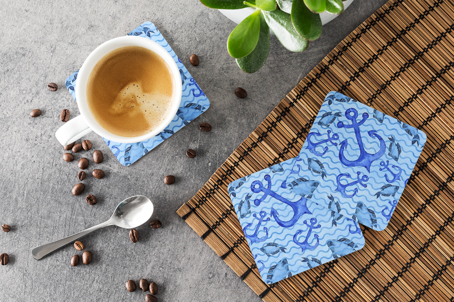 Beach Watercolor Anchors and Fish Foam Coasters Set of 4 Cup Coasters for Indoor Outdoor, Tabletop Protection, Anti Slip, Mouse pad Material