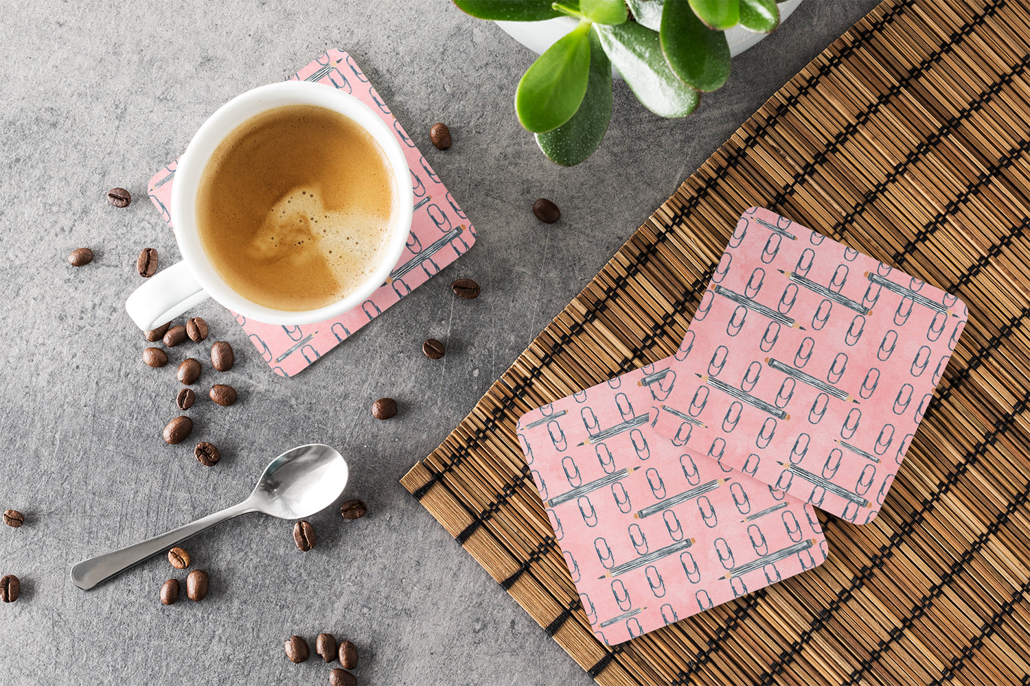 Watercolor Organized Paper Clips Pink Foam Coasters Set of 4 Cup Coasters for Indoor Outdoor, Tabletop Protection, Anti Slip, Mouse pad Material