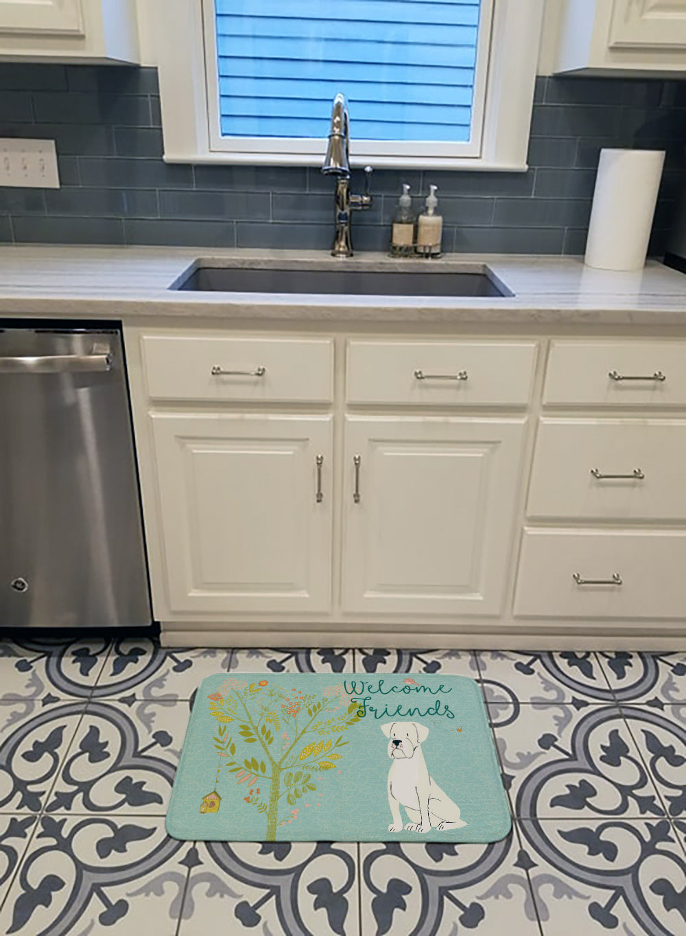 Welcome Friends White Boxer Memory Foam Kitchen Mat Machine Washable Anti-Fatigue Cushion Comfort Bath or Kitchen Rug
