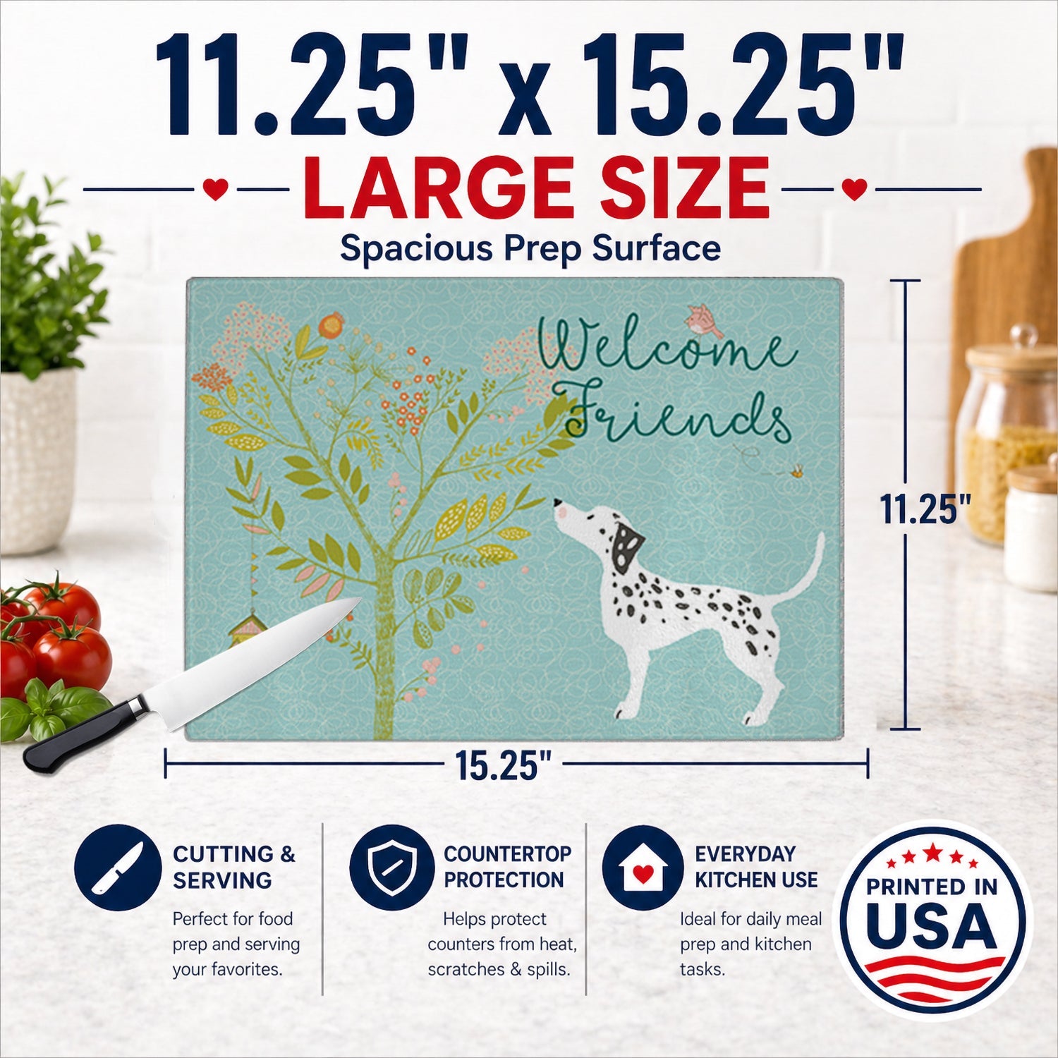 Welcome Friends Dalmatian Cutting Board Tempered Glass Kitchen Cutting Surface, Heat Resistant Chopping, Non-Slip Feet, Food Prep & Serving