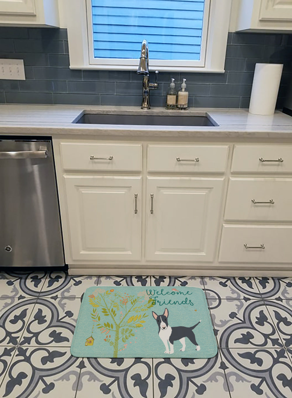 Welcome Friends Black Bull Terrier Memory Foam Kitchen Mat Machine Washable Anti-Fatigue Cushion Comfort Bath or Kitchen Rug