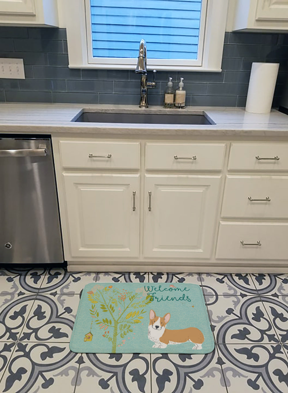 Welcome Friends Pembroke Welsh Corgi Red Memory Foam Kitchen Mat Machine Washable Anti-Fatigue Cushion Comfort Bath or Kitchen Rug