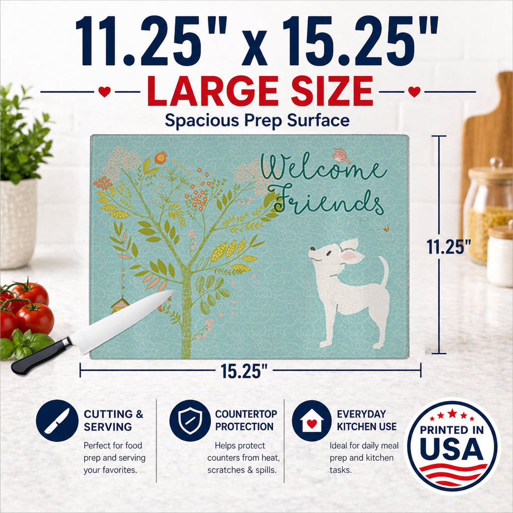 Welcome Friends White Chihuahua Cutting Board Tempered Glass Kitchen Cutting Surface, Heat Resistant Chopping, Non-Slip Feet, Food Prep & Serving