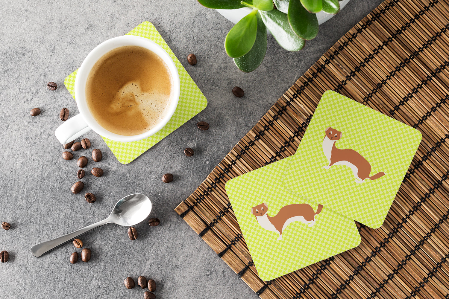 Weasel Green Foam Coasters Set of 4 Cup Coasters for Indoor Outdoor, Tabletop Protection, Anti Slip, Mouse pad Material