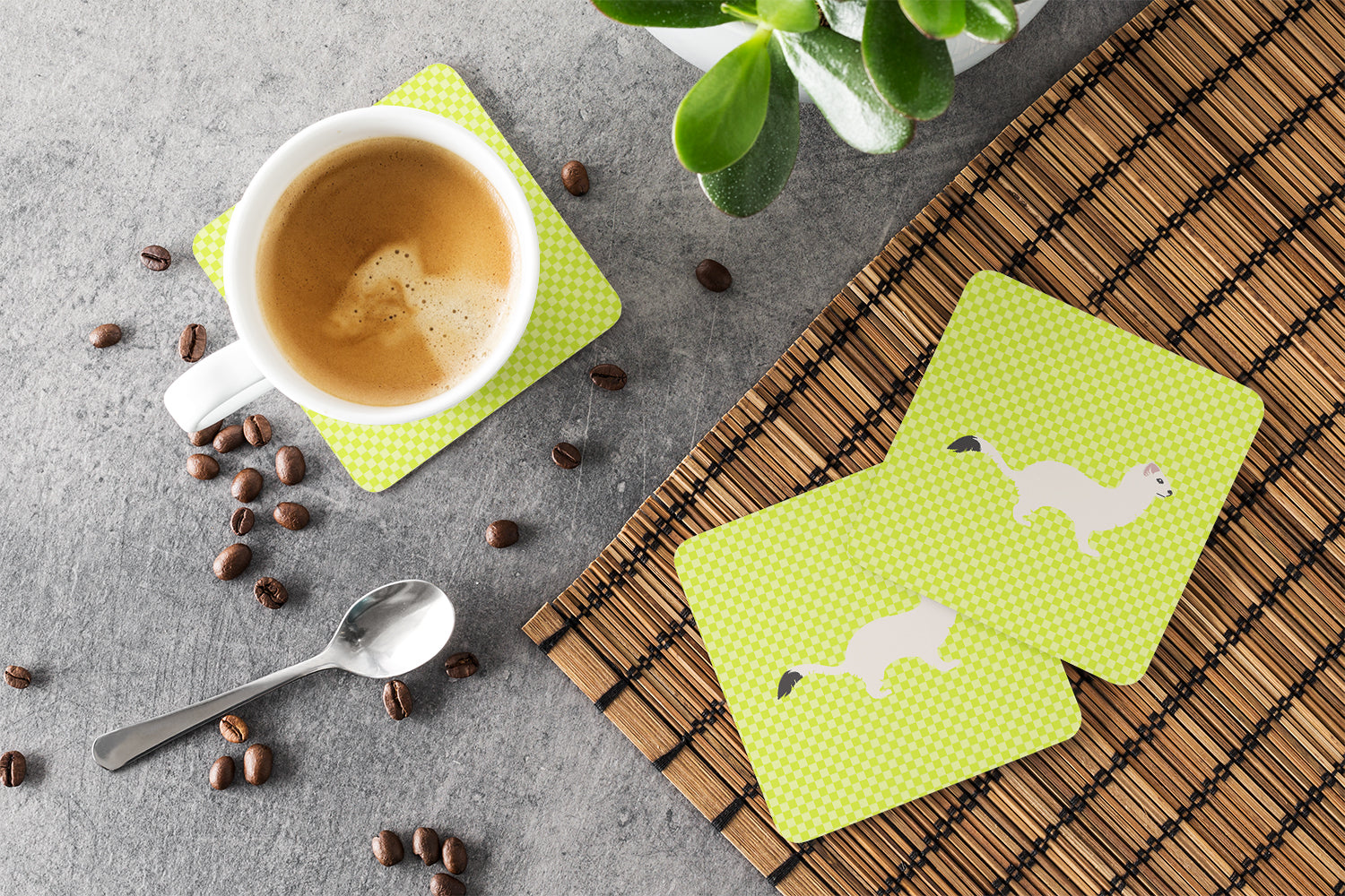 Stoat Short-tailed Weasel Green Foam Coasters Set of 4 Cup Coasters for Indoor Outdoor, Tabletop Protection, Anti Slip, Mouse pad Material