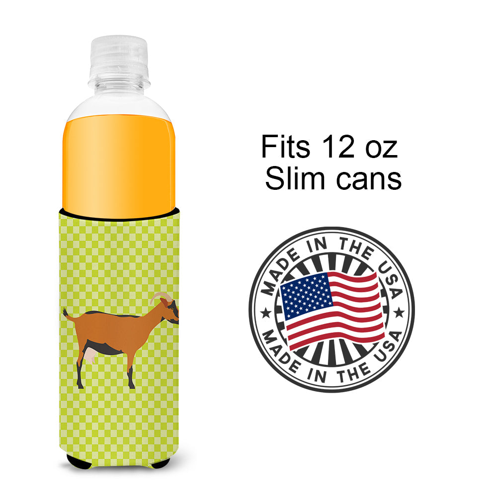 Oberhasli Goat Green Slim Can Hugger , Insulated Foam Hugger for 12 oz Slim Cans, Beer Bottles & Water Bottles, Printed in USA