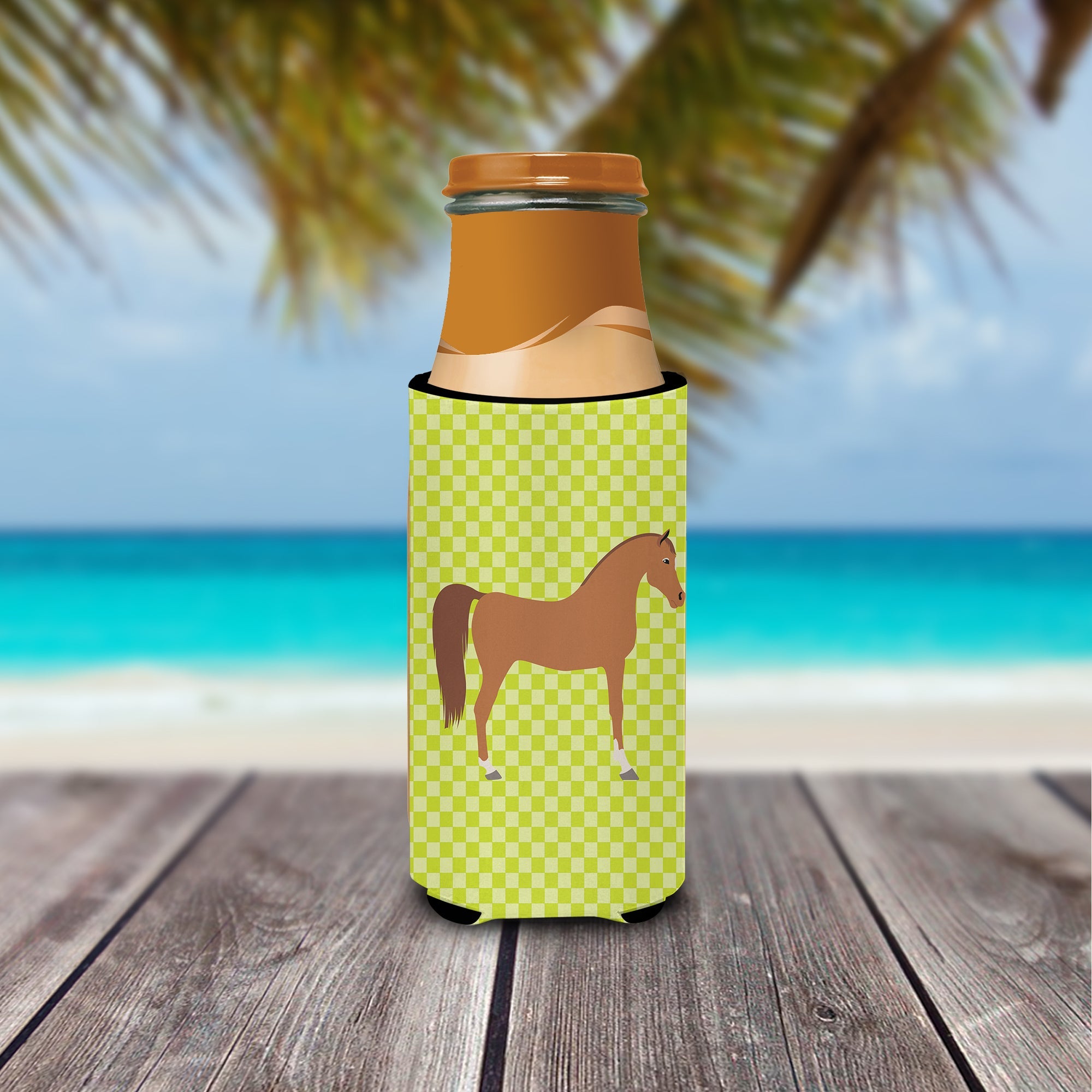 Arabian Horse Green Slim Can Hugger , Insulated Foam Hugger for 12 oz Slim Cans, Beer Bottles & Water Bottles, Printed in USA
