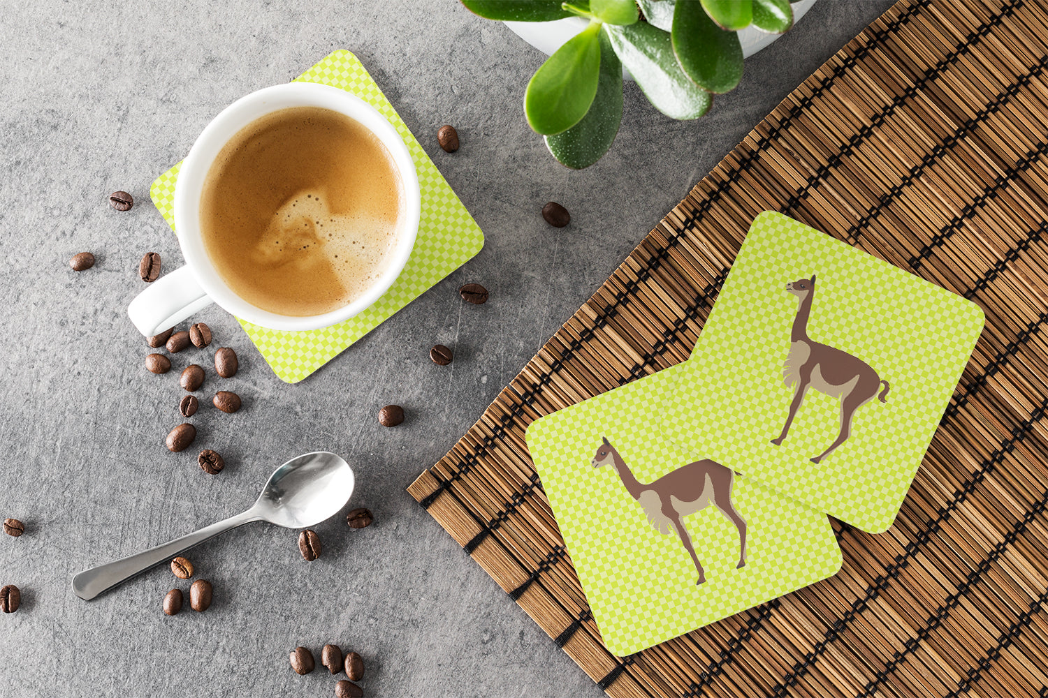Vicugna or Vicuna Green Foam Coasters Set of 4 Cup Coasters for Indoor Outdoor, Tabletop Protection, Anti Slip, Mouse pad Material