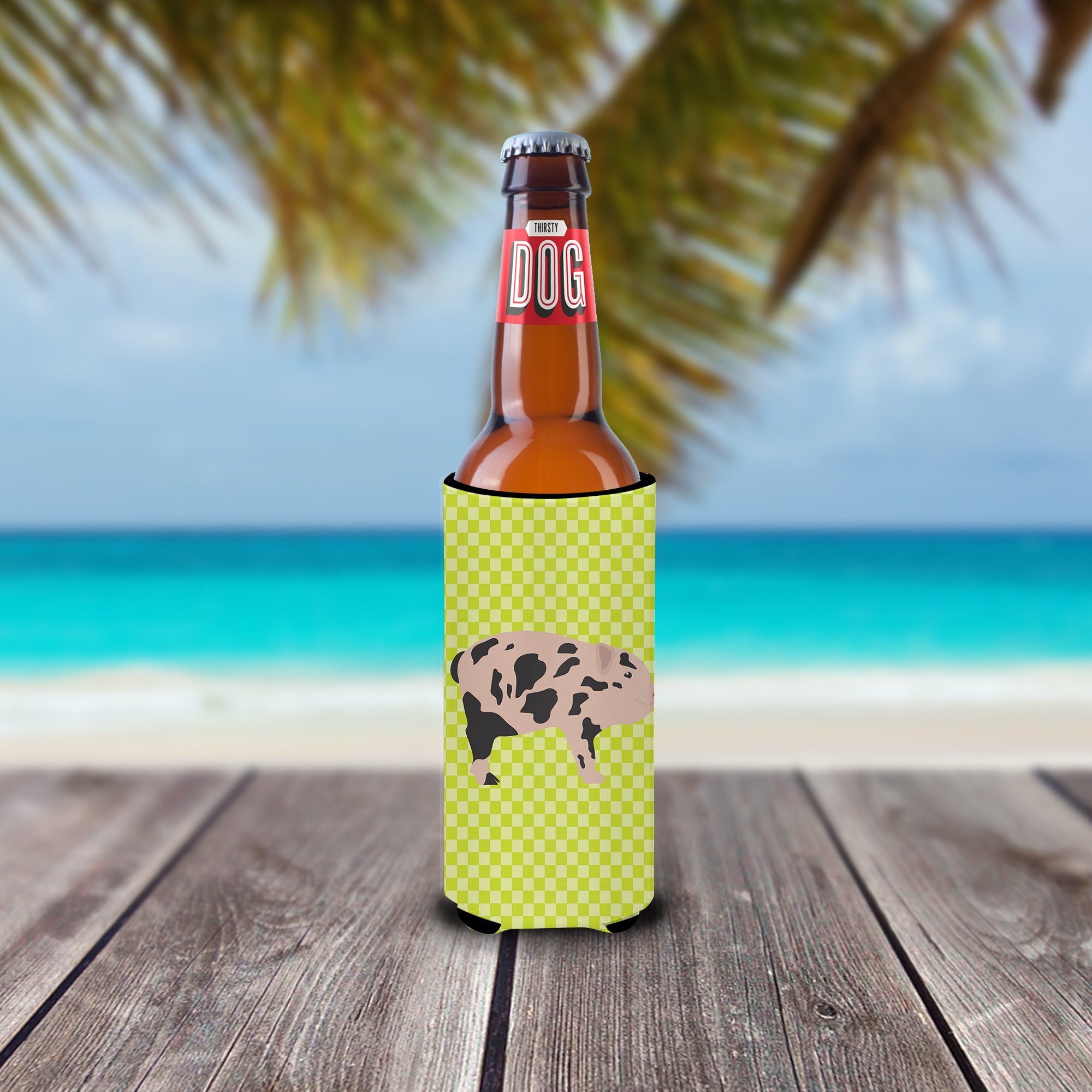 Mini Miniature Pig Green Slim Can Hugger , Insulated Foam Hugger for 12 oz Slim Cans, Beer Bottles & Water Bottles, Printed in USA
