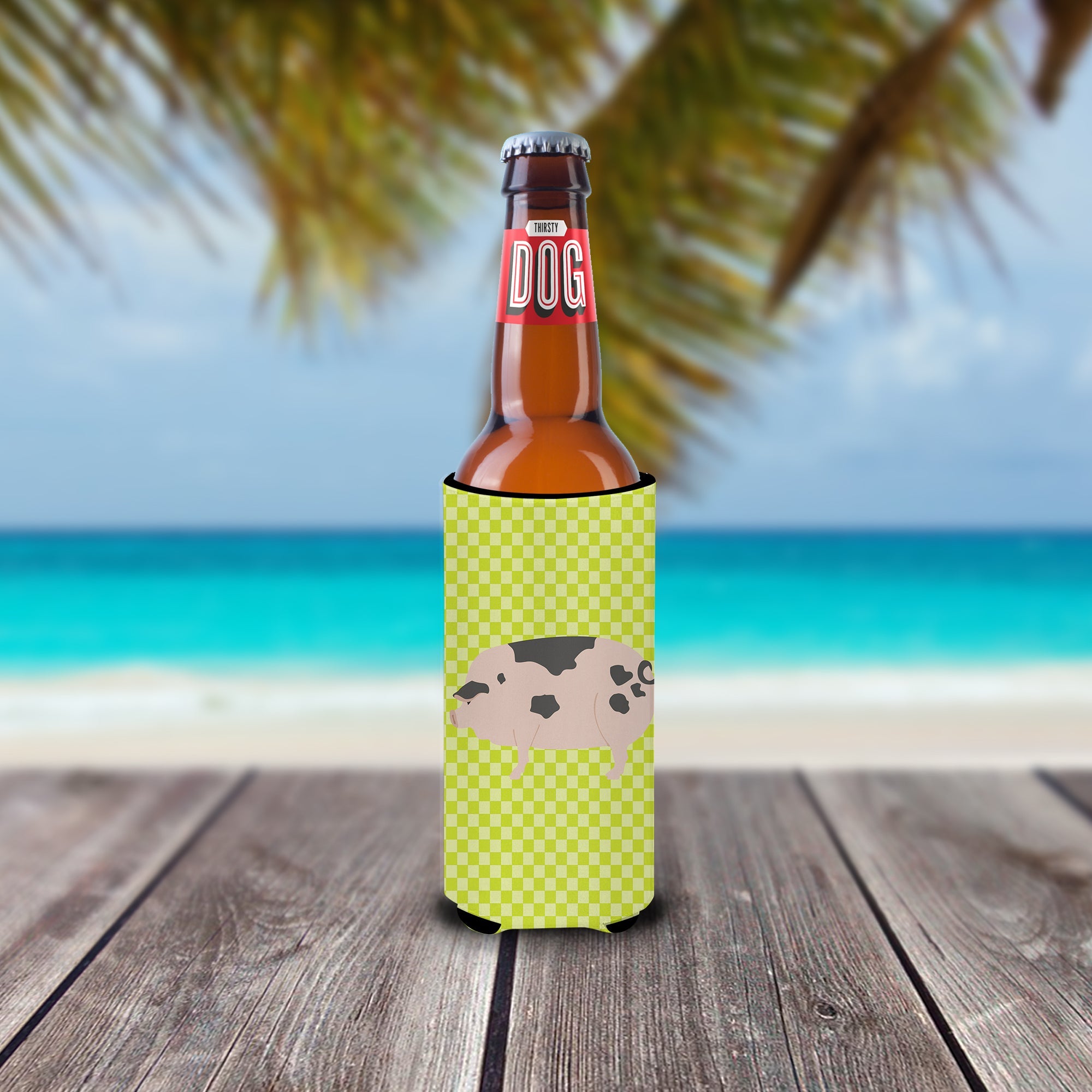 Gloucester Old Spot Pig Green Slim Can Hugger , Insulated Foam Hugger for 12 oz Slim Cans, Beer Bottles & Water Bottles, Printed in USA
