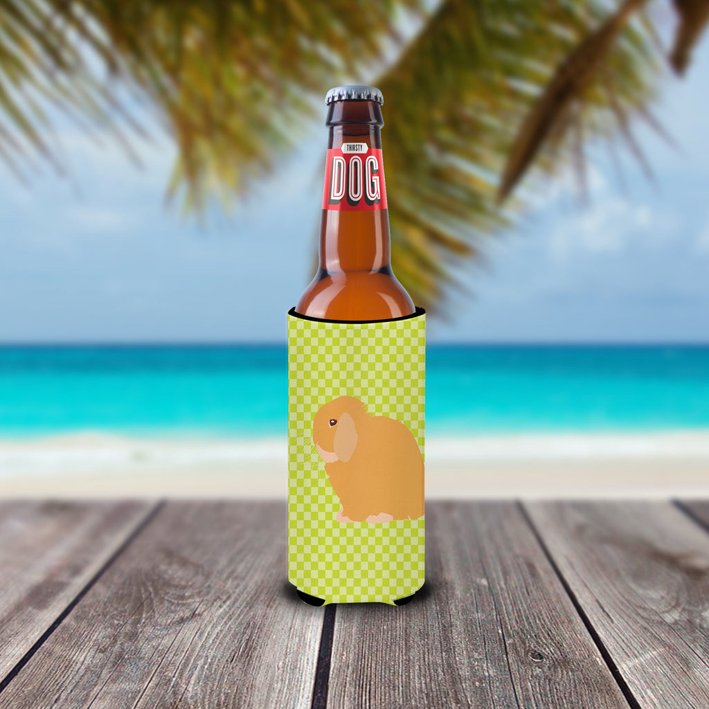 Holland Lop Rabbit Green Slim Can Hugger , Insulated Foam Hugger for 12 oz Slim Cans, Beer Bottles & Water Bottles, Printed in USA