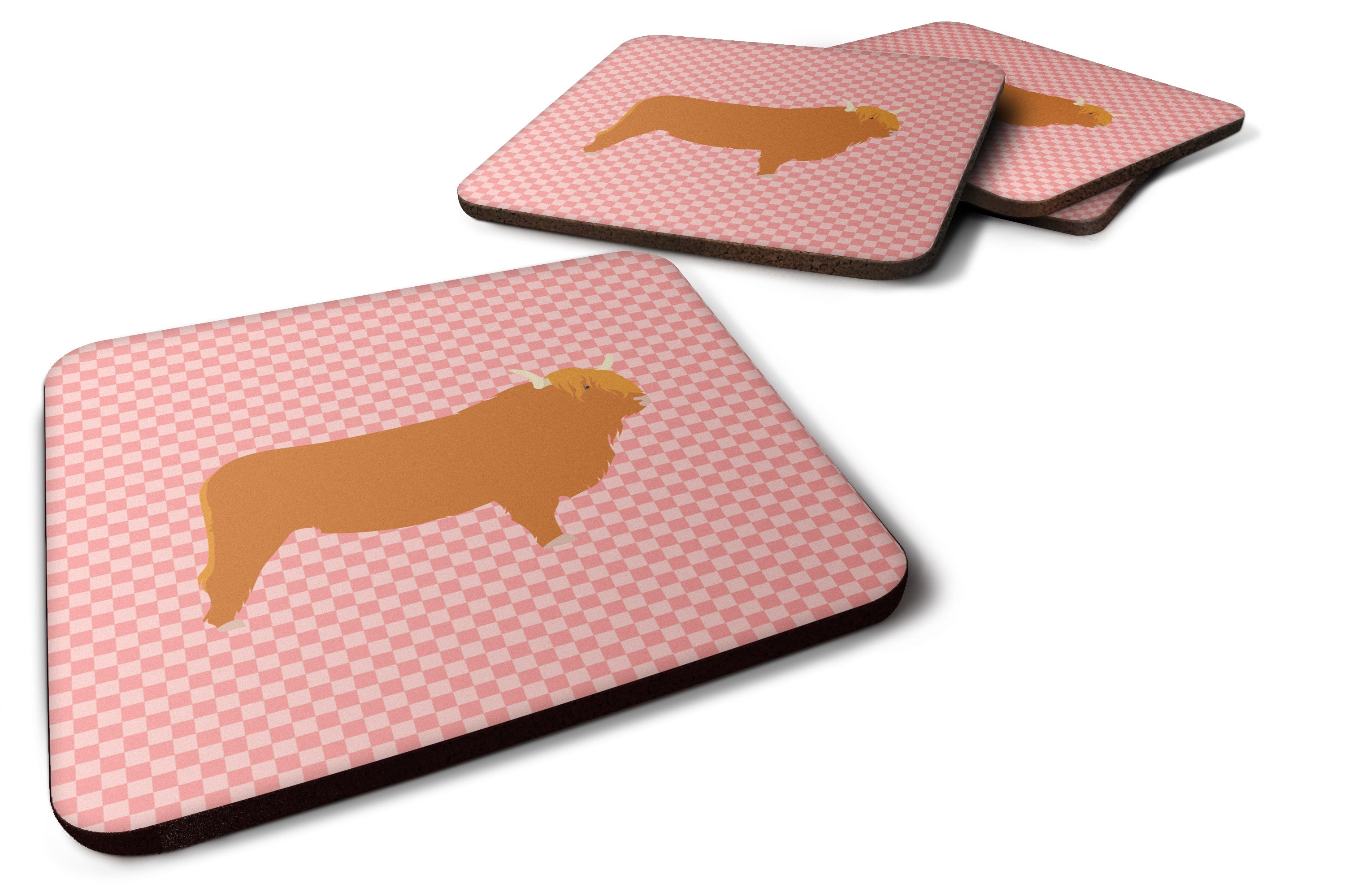 Highland Cow Pink Check Foam Coasters Set of 4 Cup Coasters for Indoor Outdoor, Tabletop Protection, Anti Slip, Mouse pad Material
