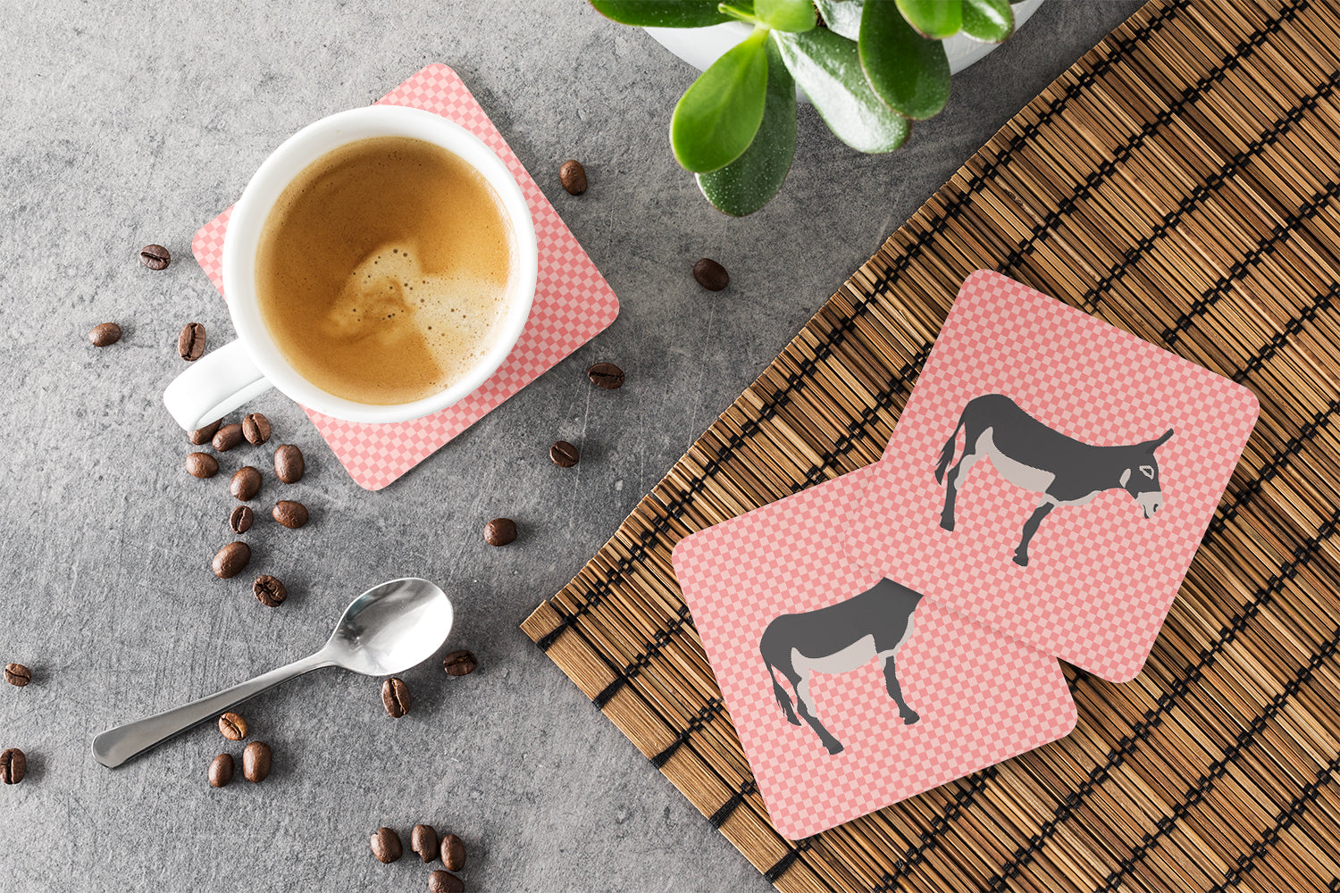 American Mammoth Jack Donkey Pink Check Foam Coasters Set of 4 Cup Coasters for Indoor Outdoor, Tabletop Protection, Anti Slip, Mouse pad Material