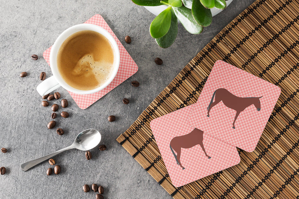 Hinny Horse Donkey Pink Check Foam Coasters Set of 4 Cup Coasters for Indoor Outdoor, Tabletop Protection, Anti Slip, Mouse pad Material