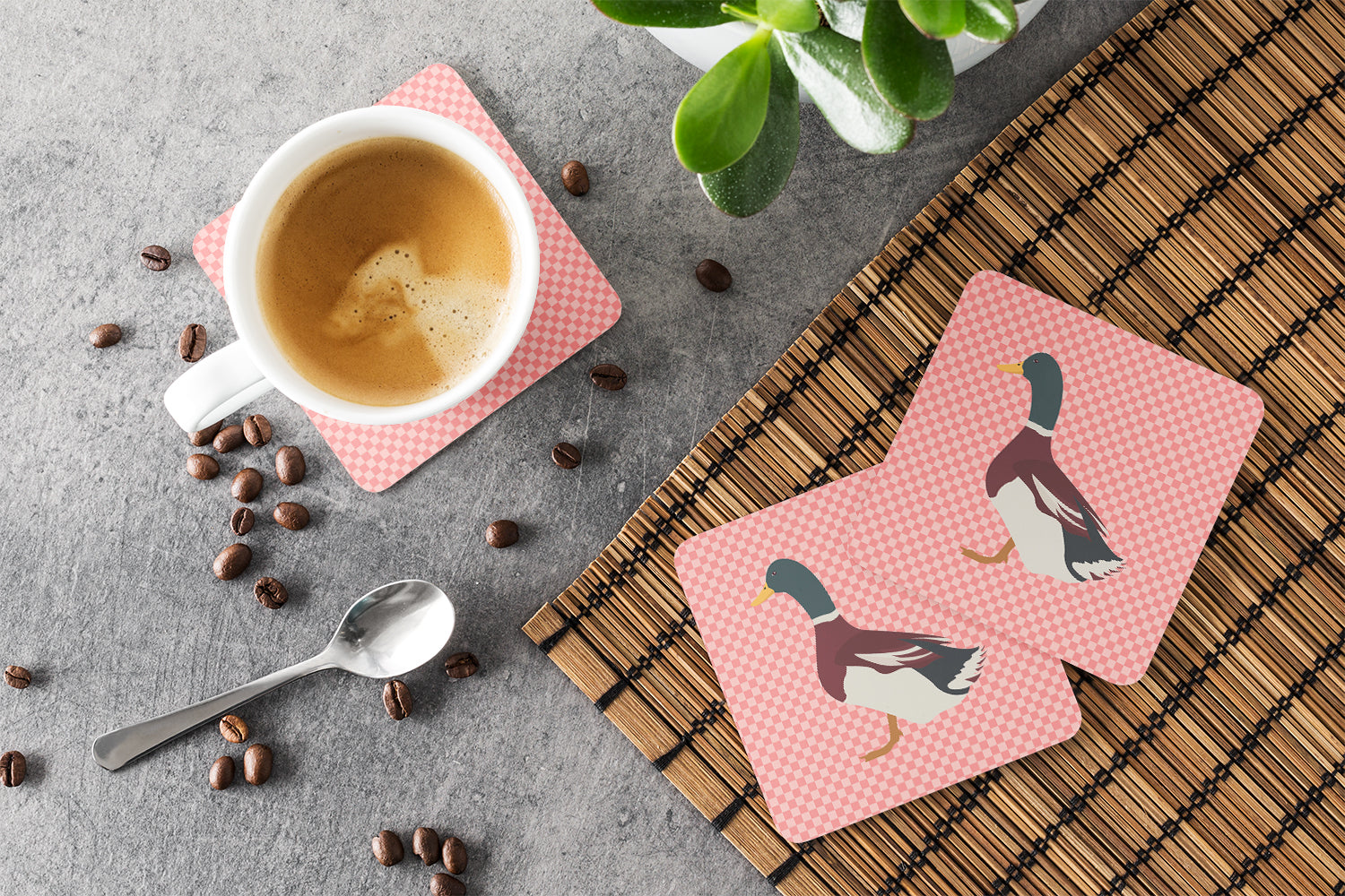 Rouen Duck Pink Check Foam Coasters Set of 4 Cup Coasters for Indoor Outdoor, Tabletop Protection, Anti Slip, Mouse pad Material
