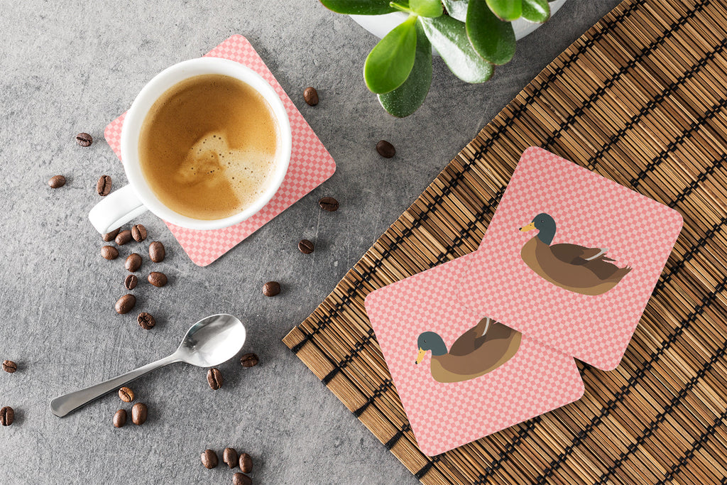 Khaki Campbell Duck Pink Check Foam Coasters Set of 4 Cup Coasters for Indoor Outdoor, Tabletop Protection, Anti Slip, Mouse pad Material