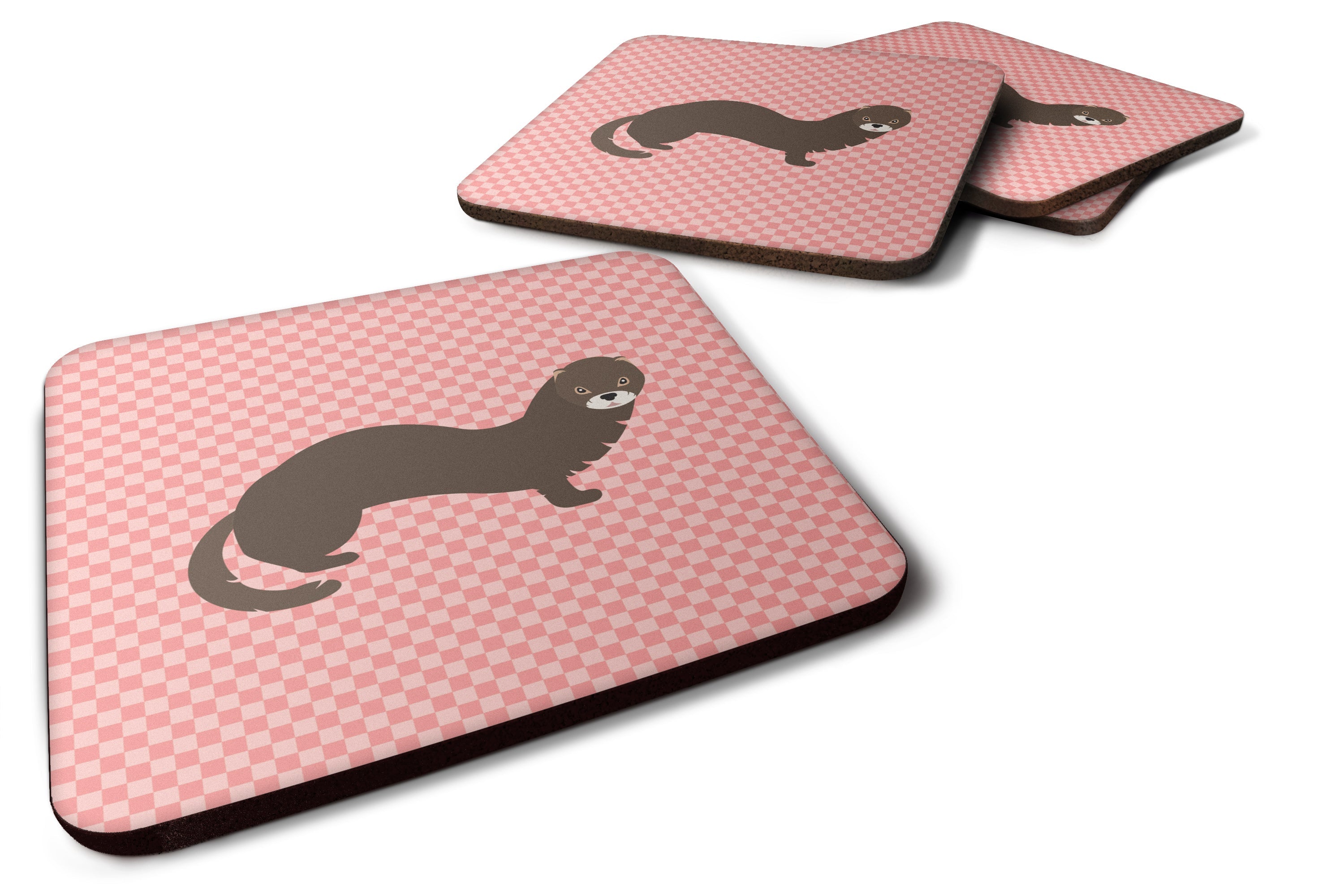 Russian or European Mink Pink Check Foam Coasters Set of 4 Cup Coasters for Indoor Outdoor, Tabletop Protection, Anti Slip, Mouse pad Material