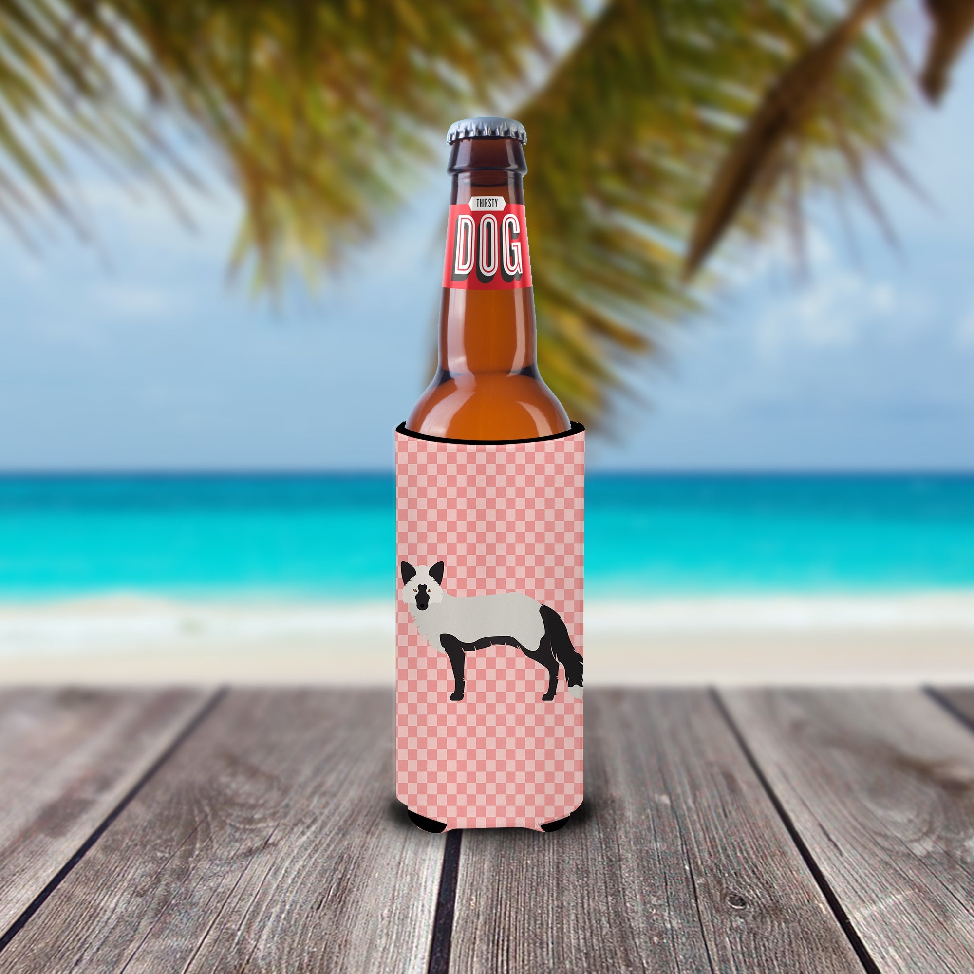 Silver Fox Pink Check Slim Can Hugger , Insulated Foam Hugger for 12 oz Slim Cans, Beer Bottles & Water Bottles, Printed in USA