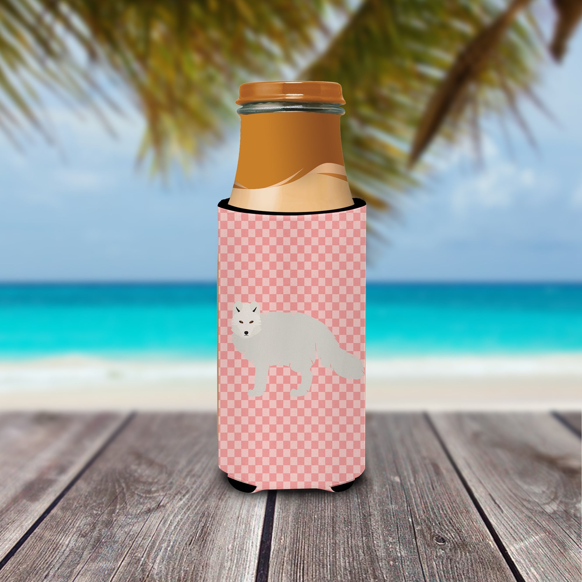 White Arctic Fox Pink Check Slim Can Hugger , Insulated Foam Hugger for 12 oz Slim Cans, Beer Bottles & Water Bottles, Printed in USA