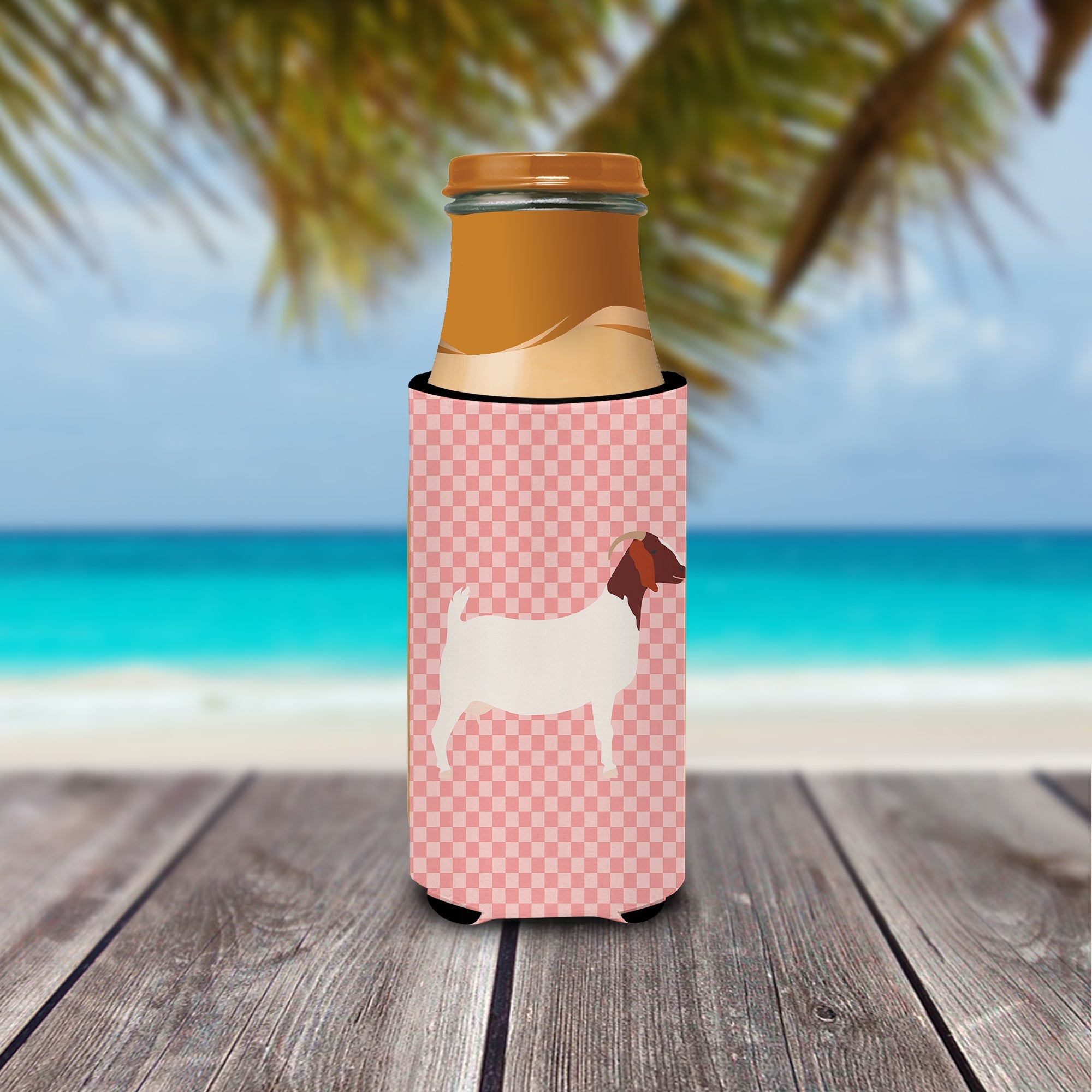 Boer Goat Pink Check Slim Can Hugger , Insulated Foam Hugger for 12 oz Slim Cans, Beer Bottles & Water Bottles, Printed in USA