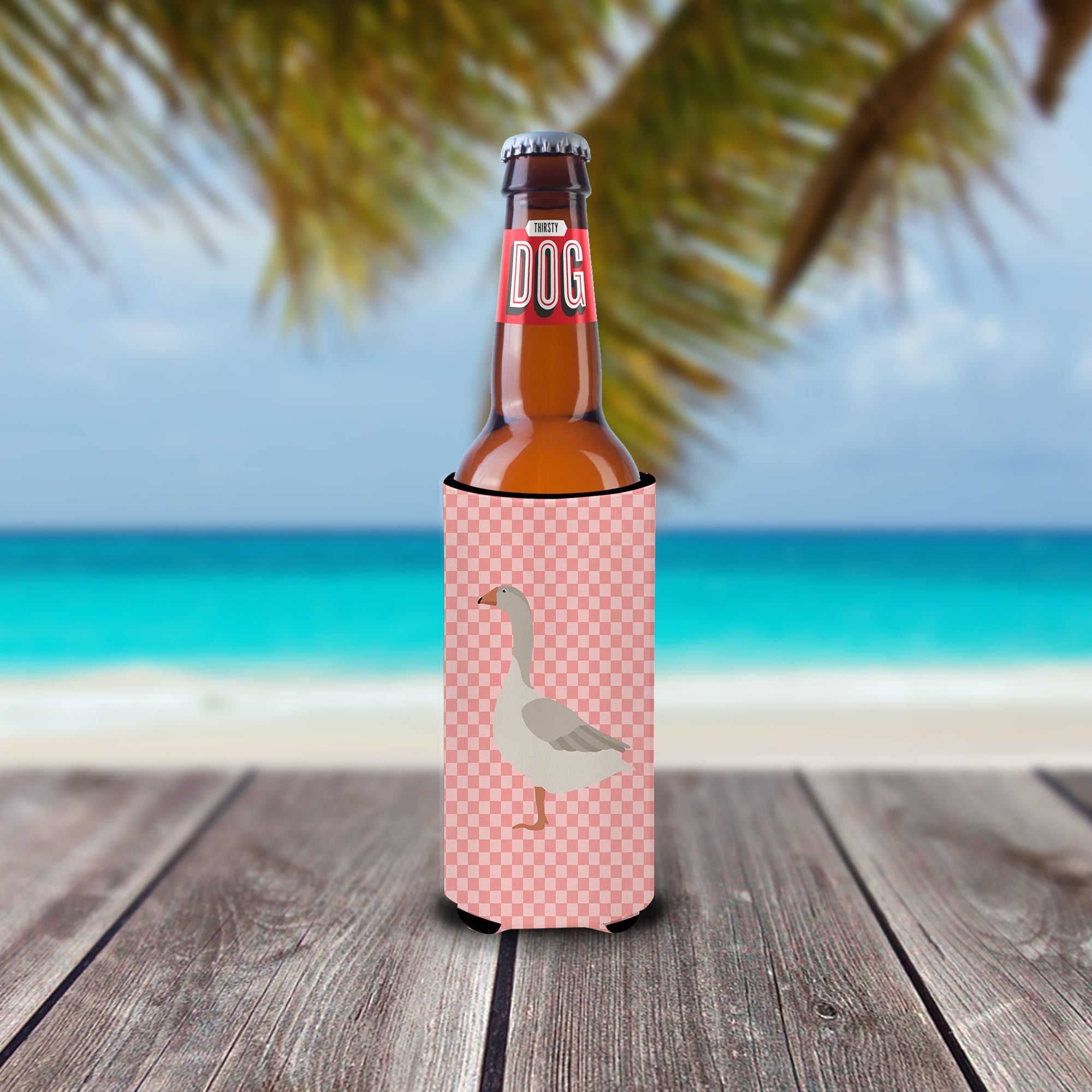 Steinbacher Goose Pink Check Slim Can Hugger , Insulated Foam Hugger for 12 oz Slim Cans, Beer Bottles & Water Bottles, Printed in USA