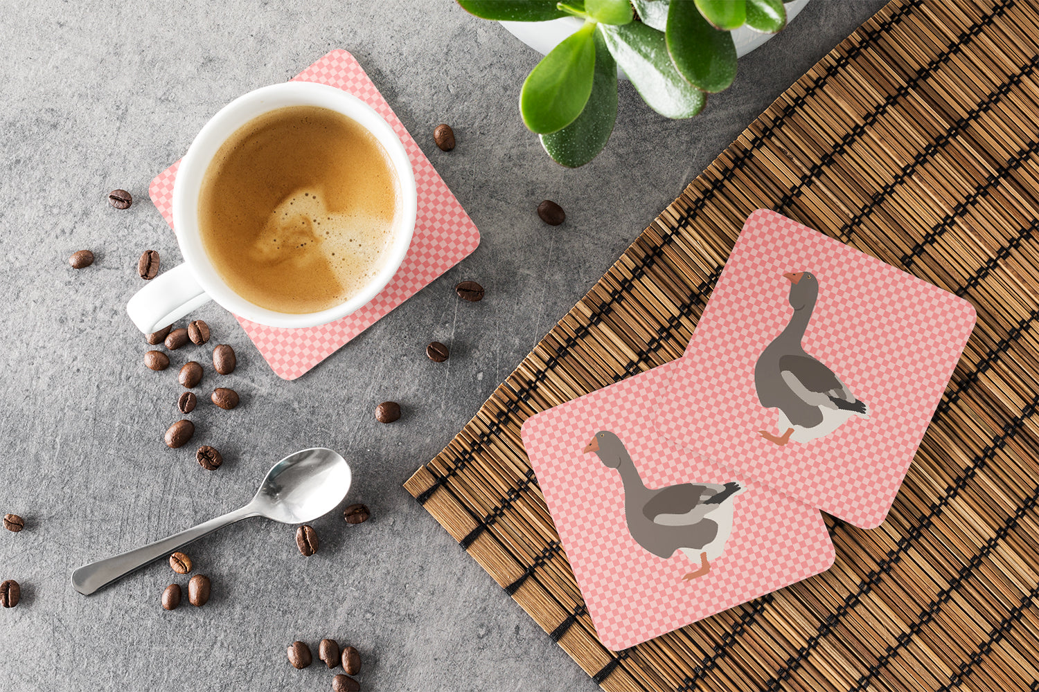 Toulouse Goose Pink Check Foam Coasters Set of 4 Cup Coasters for Indoor Outdoor, Tabletop Protection, Anti Slip, Mouse pad Material
