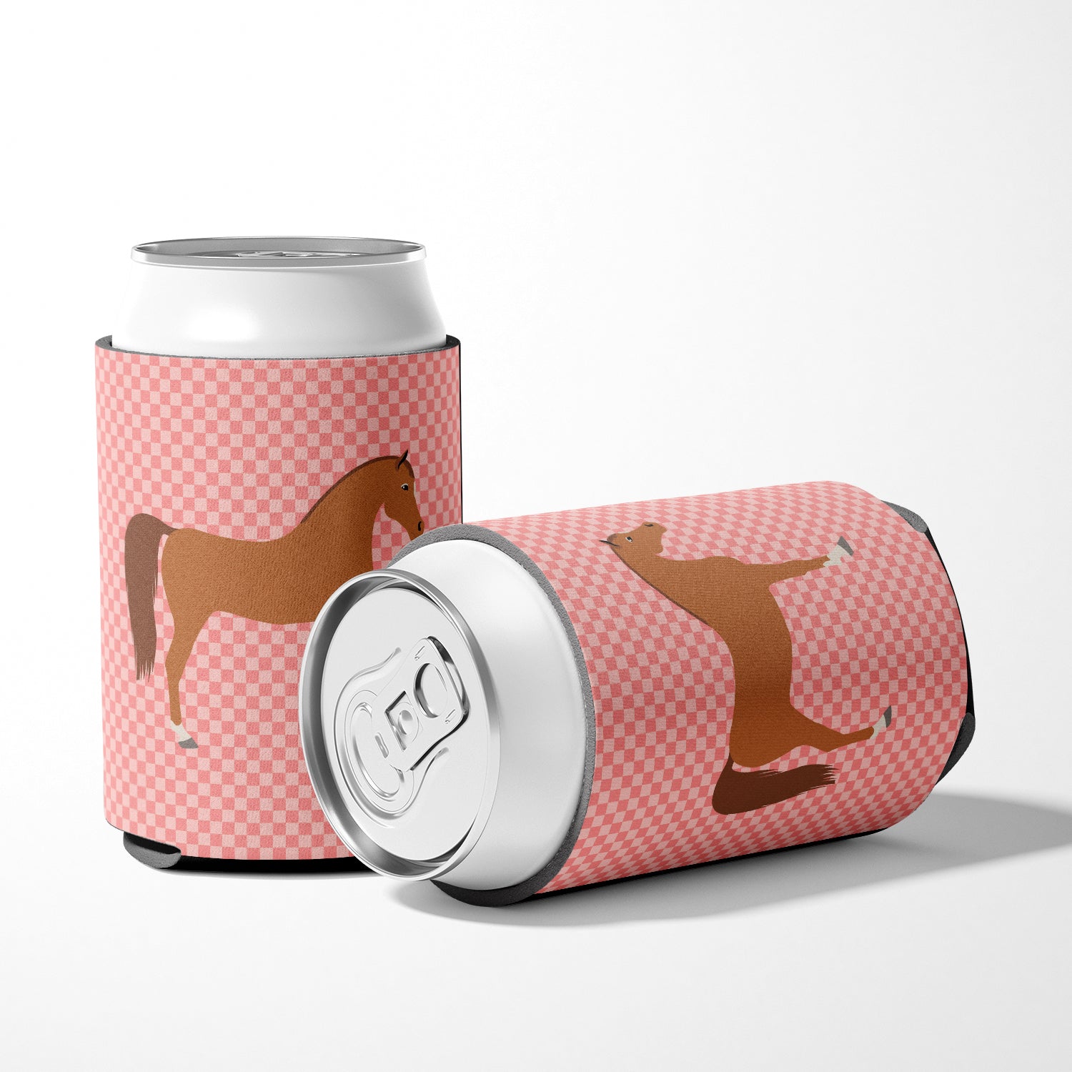 Arabian Horse Pink Check Can or Bottle Hugger Cooler Sleeve for Standard 12 oz Cans, Insulated Foam Beer & Soda Can Hugger Reusable