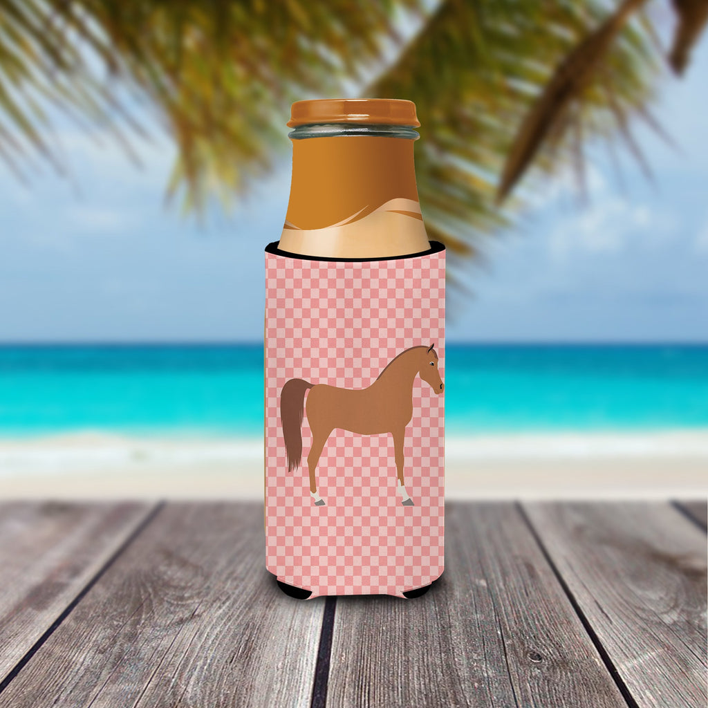Arabian Horse Pink Check Slim Can Hugger , Insulated Foam Hugger for 12 oz Slim Cans, Beer Bottles & Water Bottles, Printed in USA