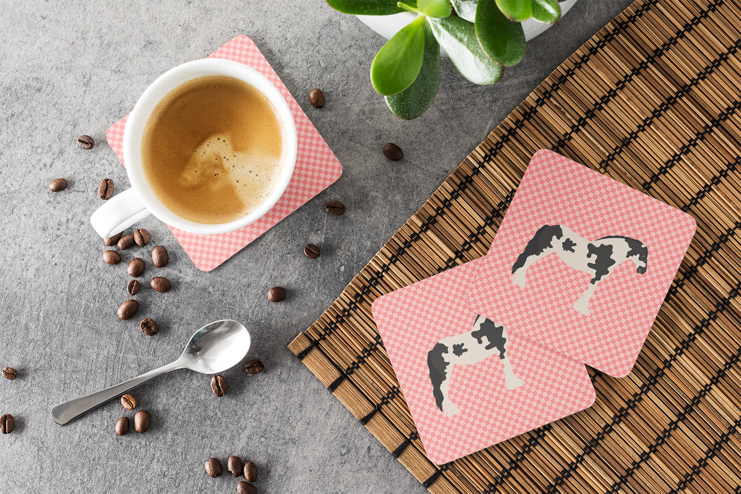 Cyldesdale Horse Pink Check Foam Coasters Set of 4 Cup Coasters for Indoor Outdoor, Tabletop Protection, Anti Slip, Mouse pad Material