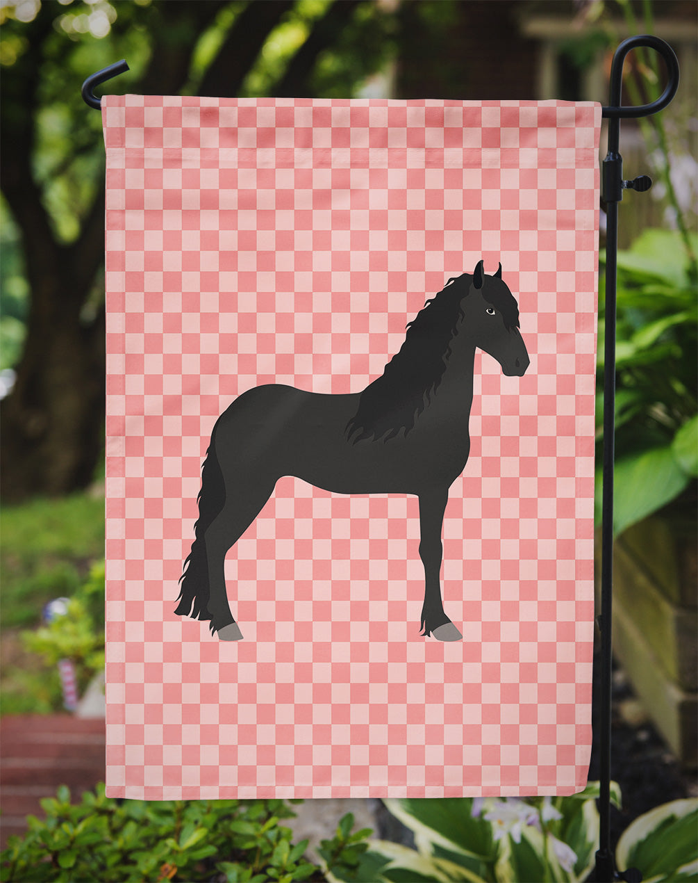 Friesian Horse Pink Check Garden Flag Mailbox Decorative Yard Banner Outside Patio Artwork for Flower Beds, Garden Size, Multicolor