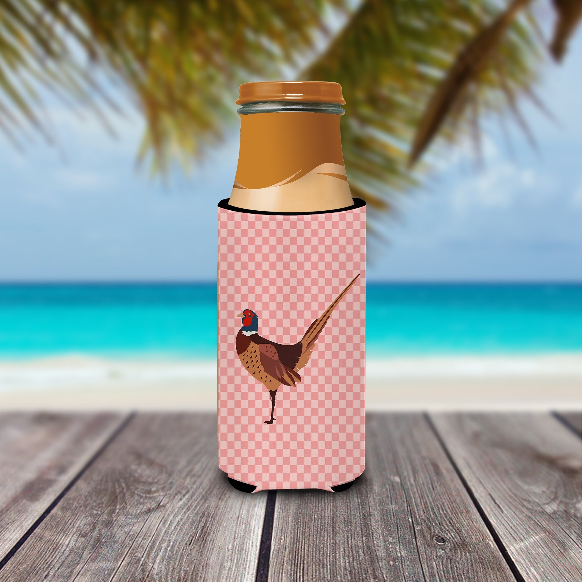 Ring-necked Common Pheasant Pink Check Slim Can Hugger , Insulated Foam Hugger for 12 oz Slim Cans, Beer Bottles & Water Bottles, Printed in USA