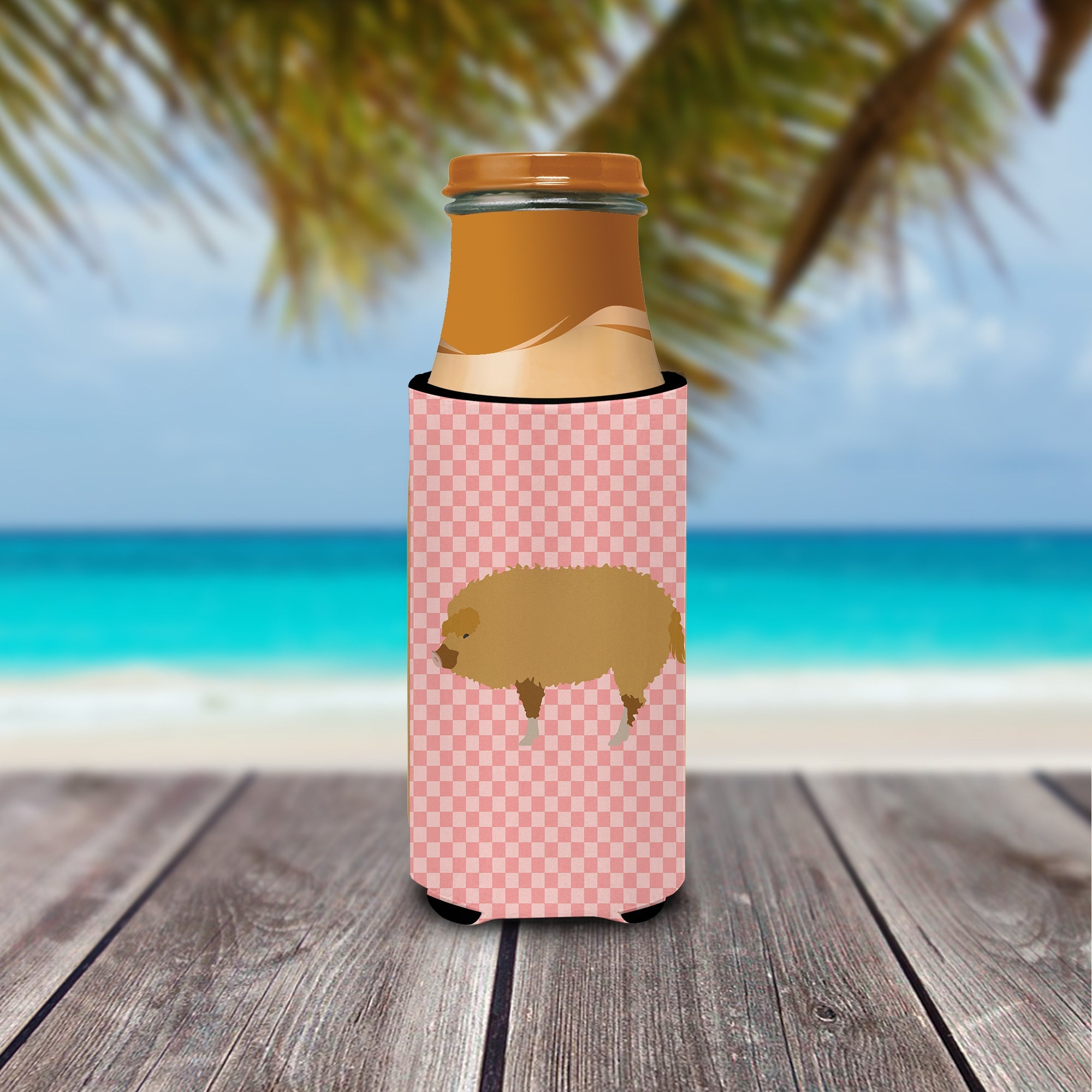 Hungarian Mangalica Pig Pink Check Slim Can Hugger , Insulated Foam Hugger for 12 oz Slim Cans, Beer Bottles & Water Bottles, Printed in USA