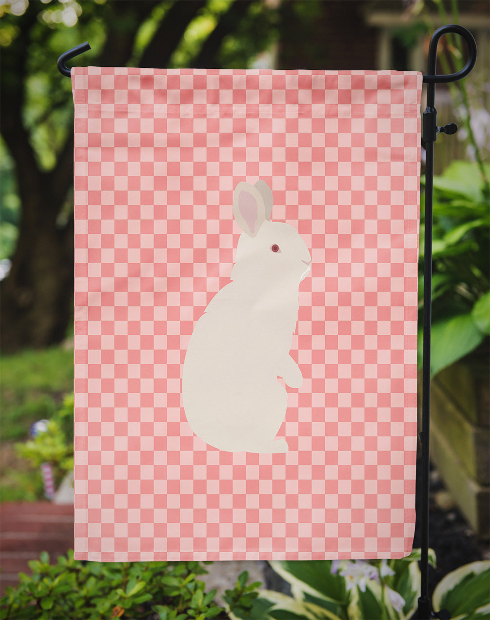 New Zealand White Rabbit Pink Check Garden Flag Mailbox Decorative Yard Banner Outside Patio Artwork for Flower Beds, Garden Size, Multicolor