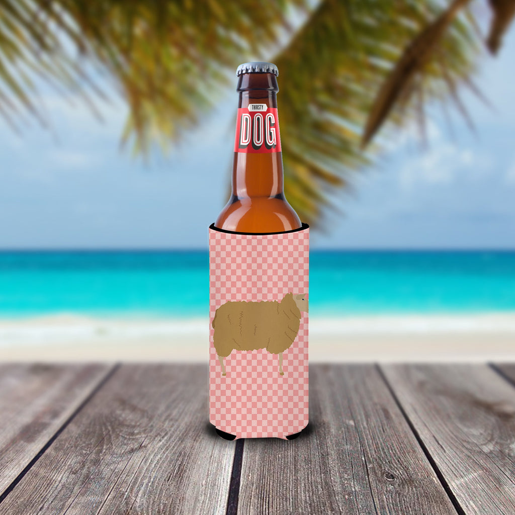 East Friesian Sheep Pink Check Slim Can Hugger , Insulated Foam Hugger for 12 oz Slim Cans, Beer Bottles & Water Bottles, Printed in USA