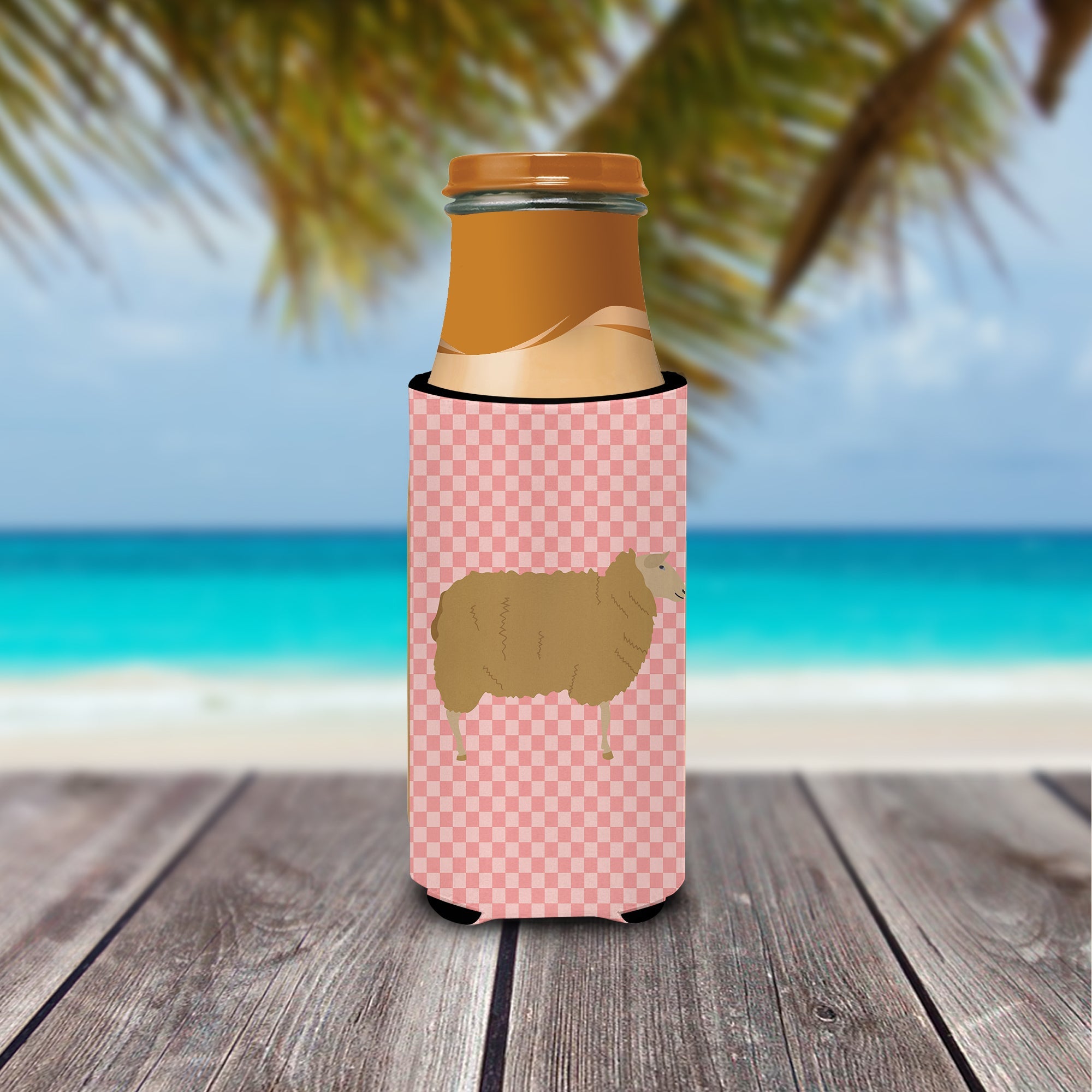 East Friesian Sheep Pink Check Slim Can Hugger , Insulated Foam Hugger for 12 oz Slim Cans, Beer Bottles & Water Bottles, Printed in USA