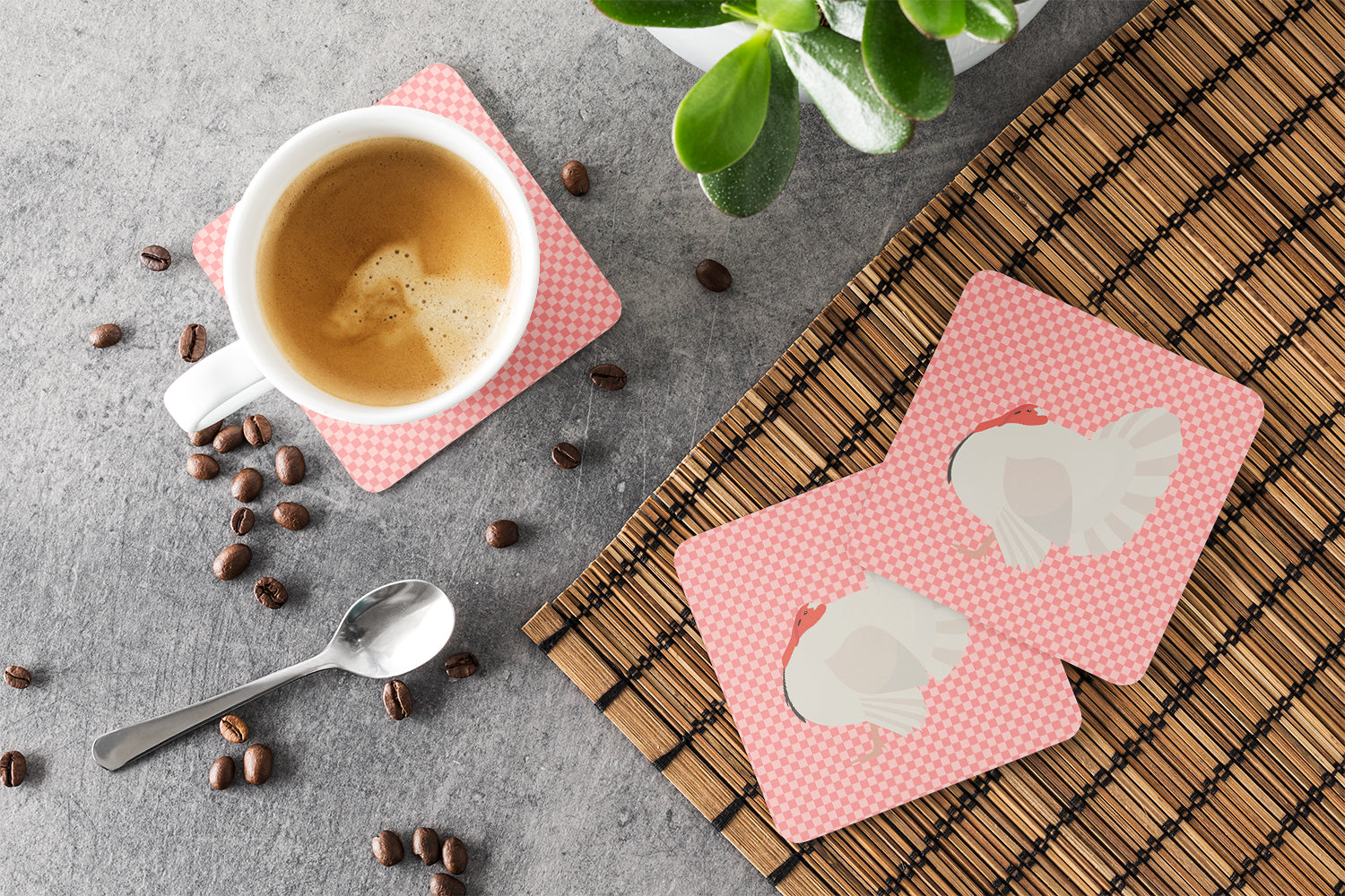 White Holland Turkey Pink Check Foam Coasters Set of 4 Cup Coasters for Indoor Outdoor, Tabletop Protection, Anti Slip, Mouse pad Material